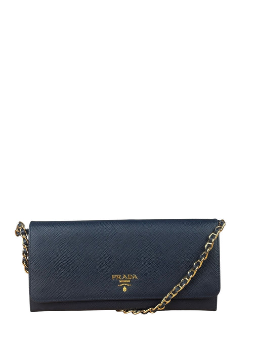 Prada Navy Saffiano Leather Flap Wallet On Chain