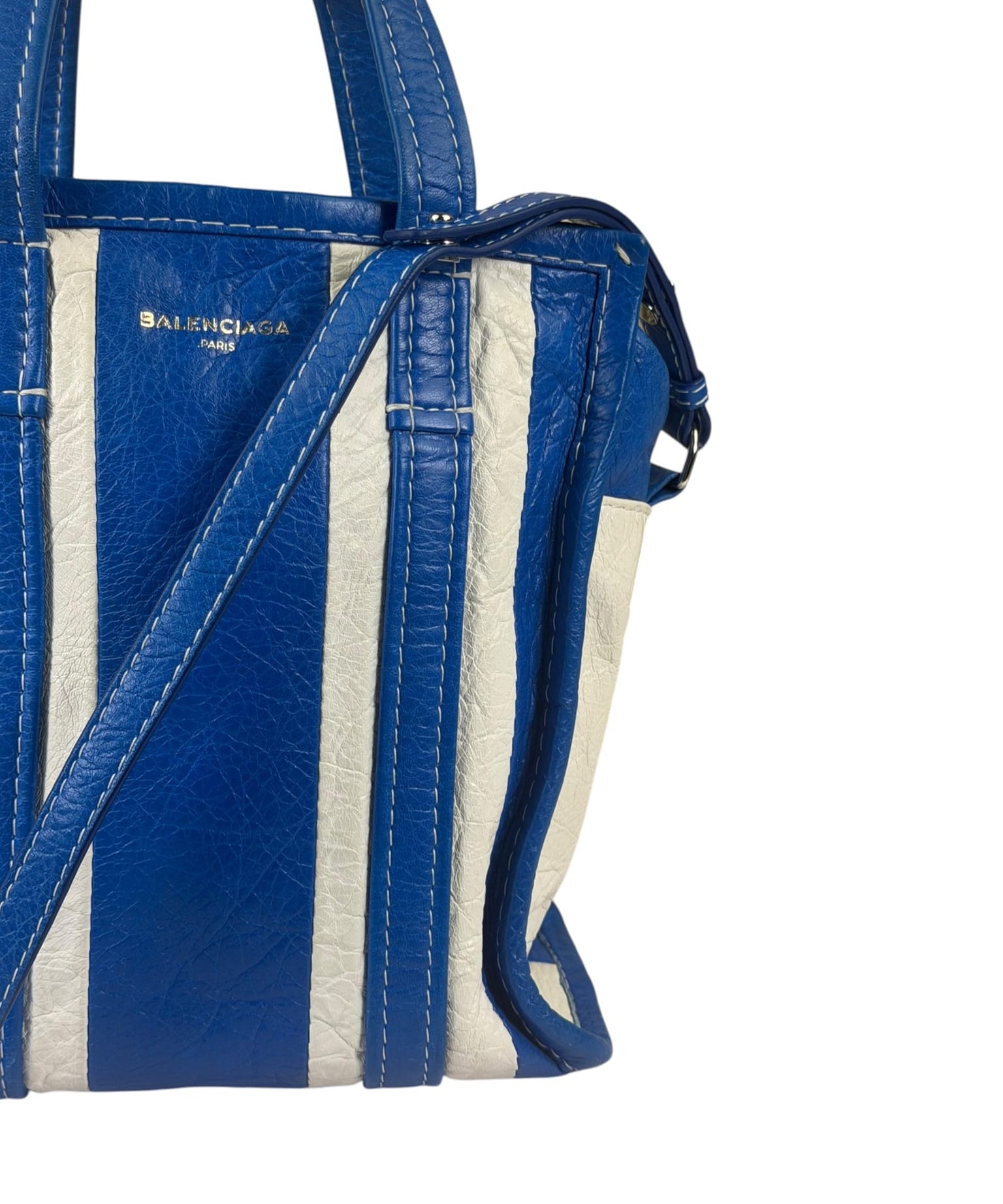 Balenciaga White/Blue Bazar Stripe Two-Way Tote Bag