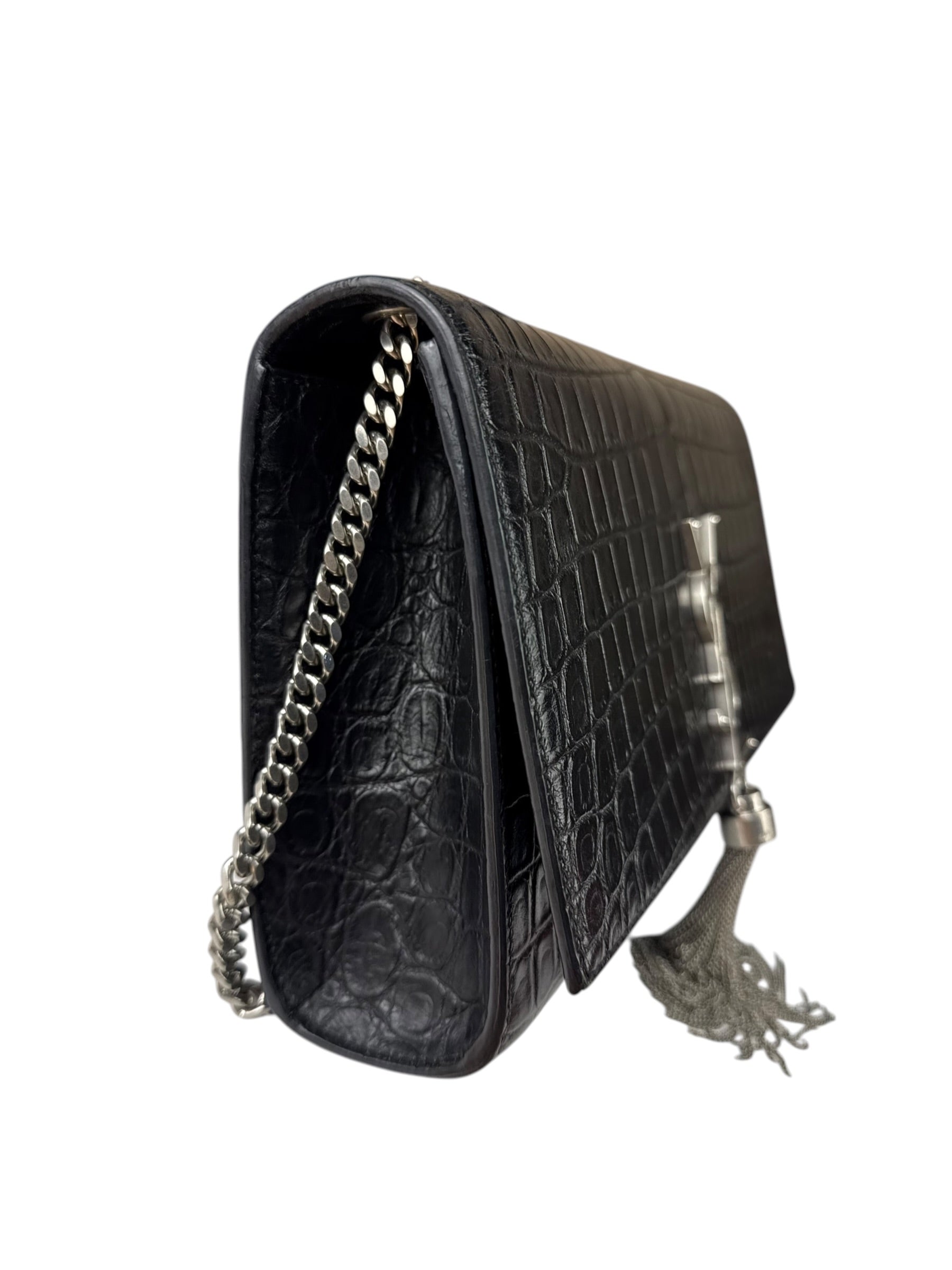 Yves Saint Laurent Black Croc-Embossed Calfskin Kate Tassel Shoulder Bag