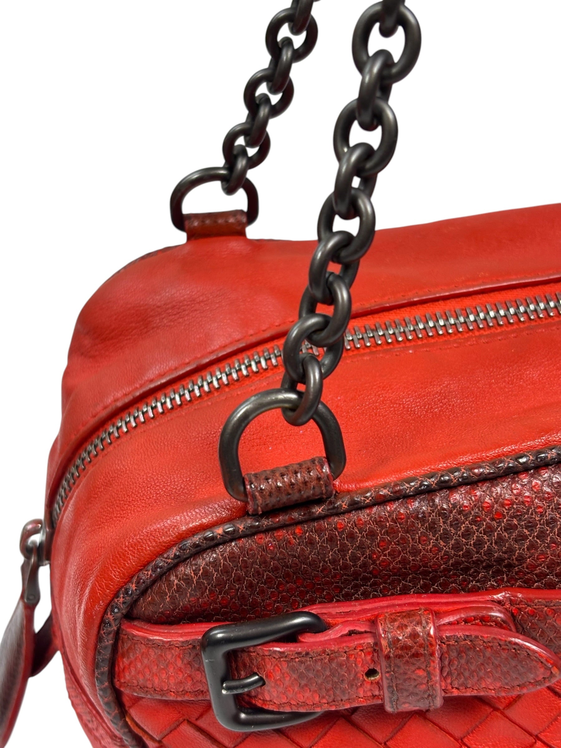 Bottega Veneta Red Lambskin/Lizard Intrecciato Shoulder Bag