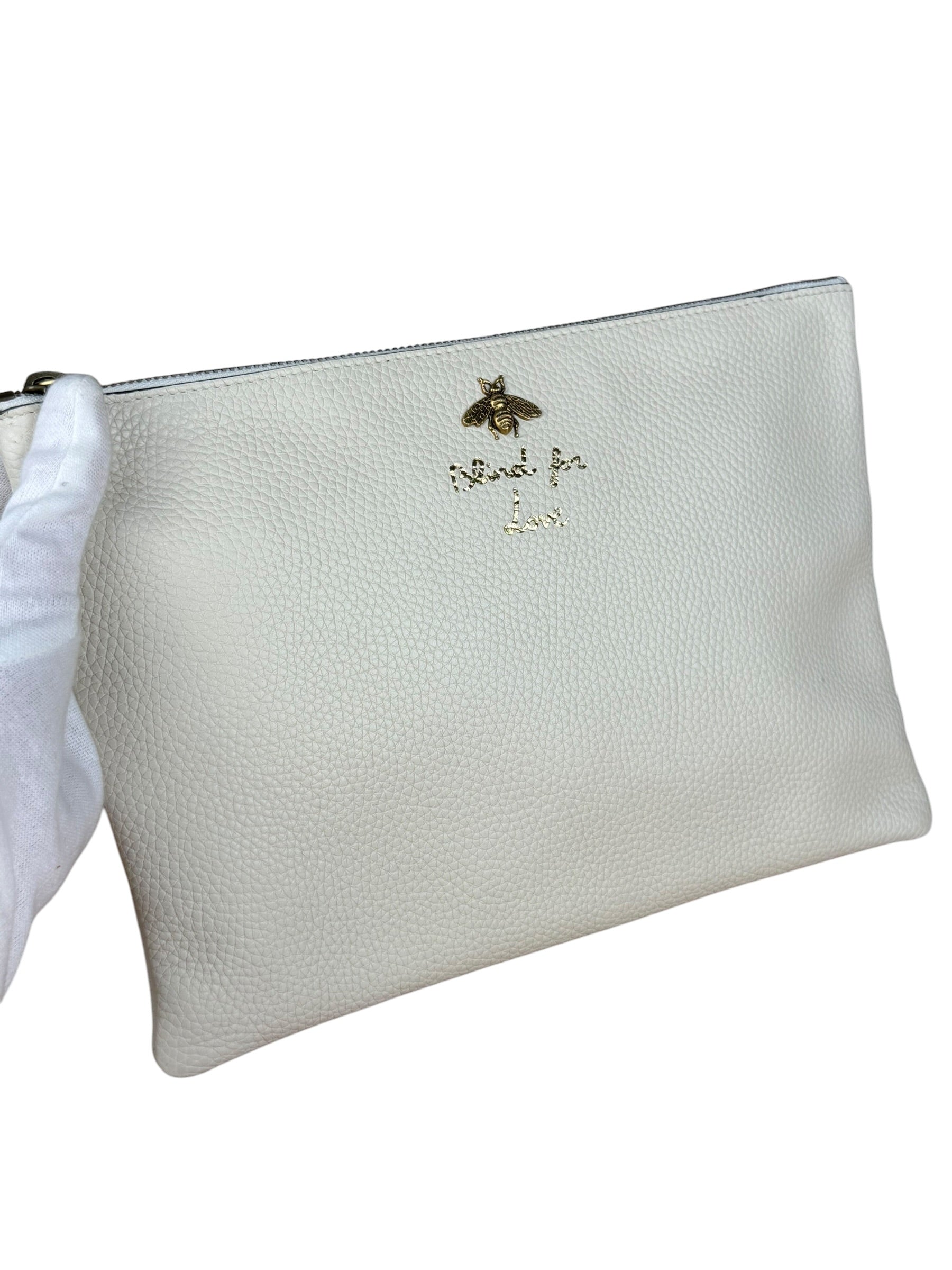 Gucci Ivory Pebbled Leather Bee Zip Clutch Pouch