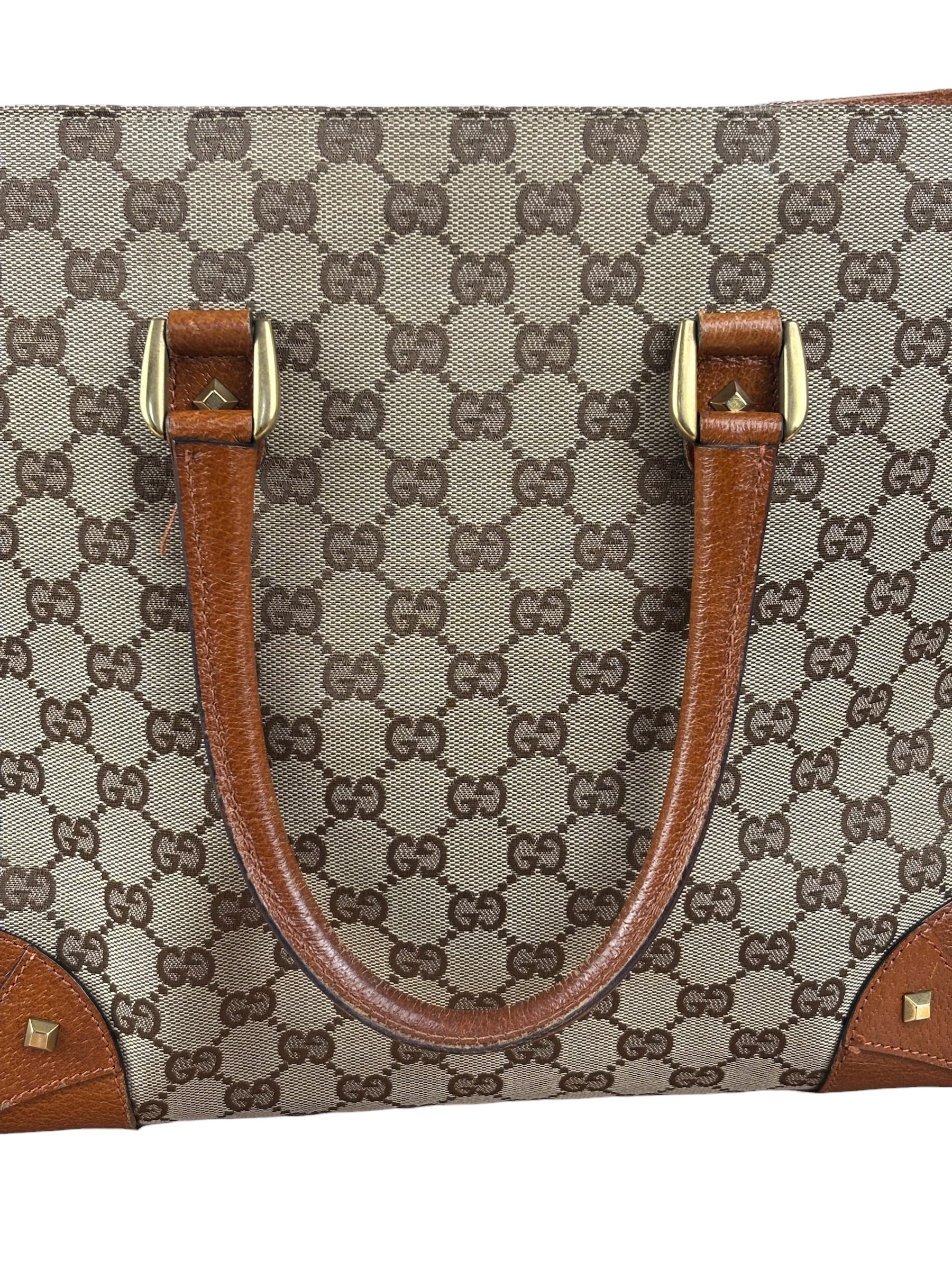 Gucci GG Brown Leather Trim Canvas Monogram Tote Bag