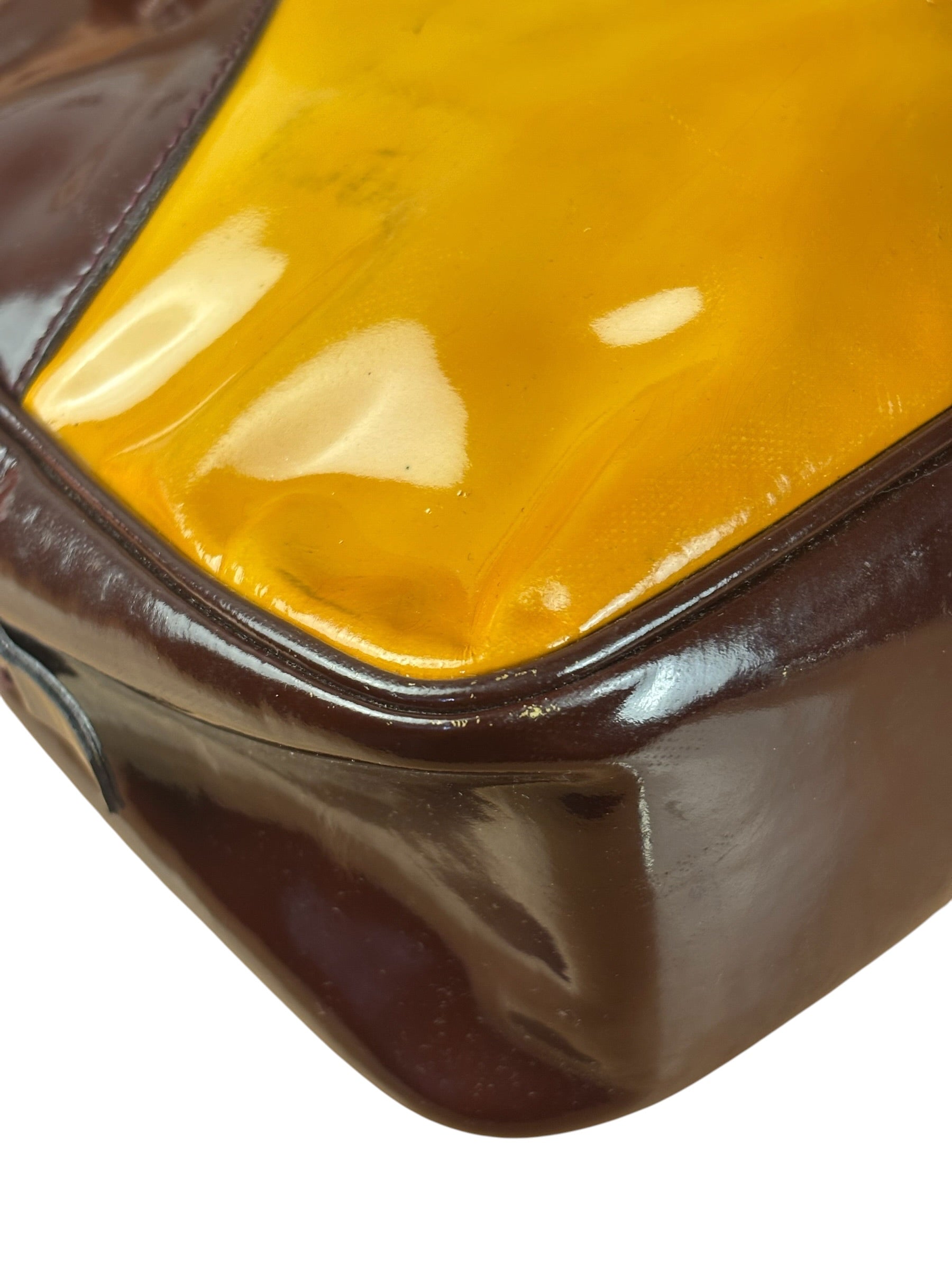 Prada Vintage Yellow/Burgundy Patent Leather Bowler Shoulder Bag