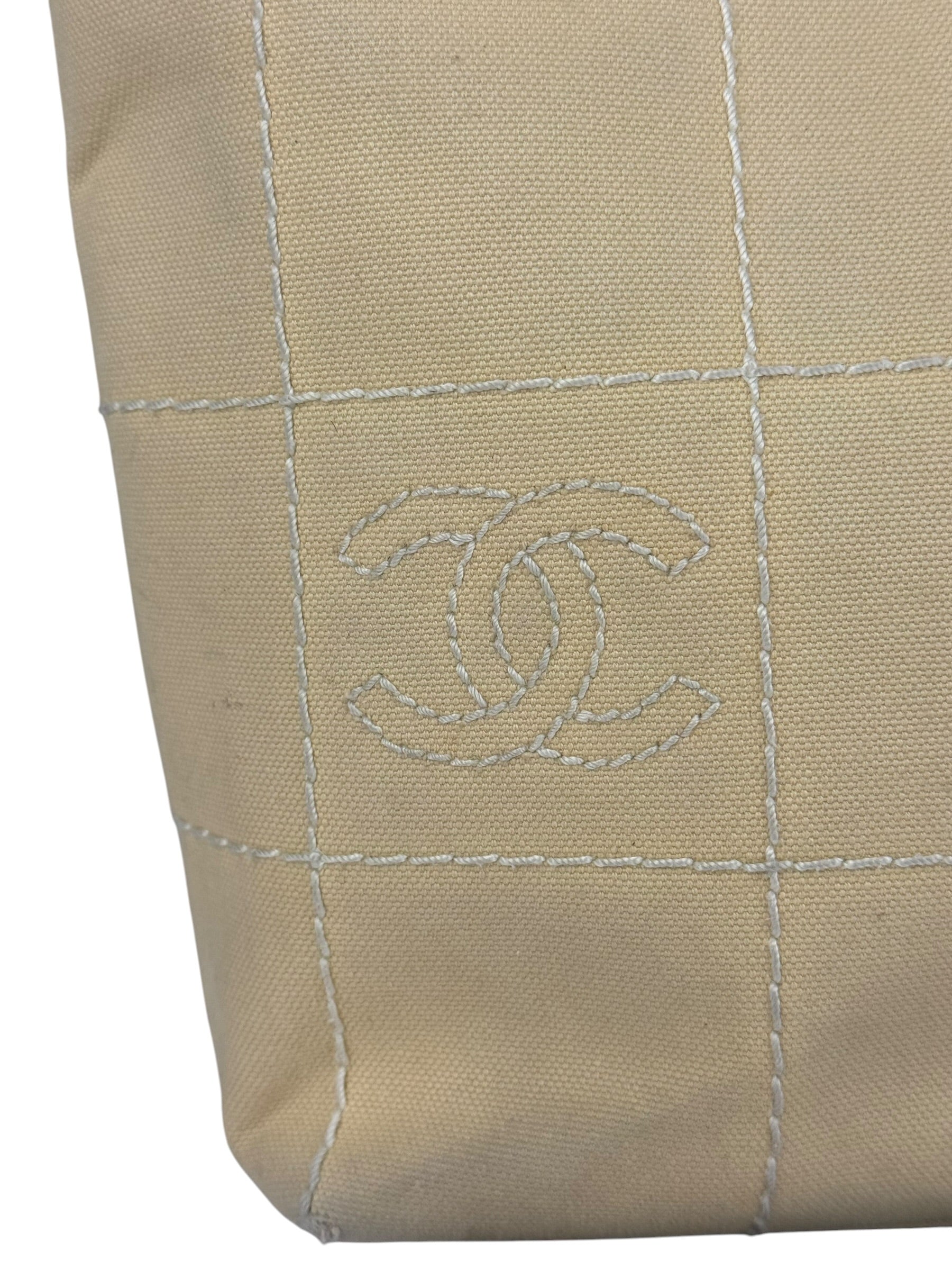 Chanel Vintage Beige Canvas Quilted Chocolate Bar Tote 2003