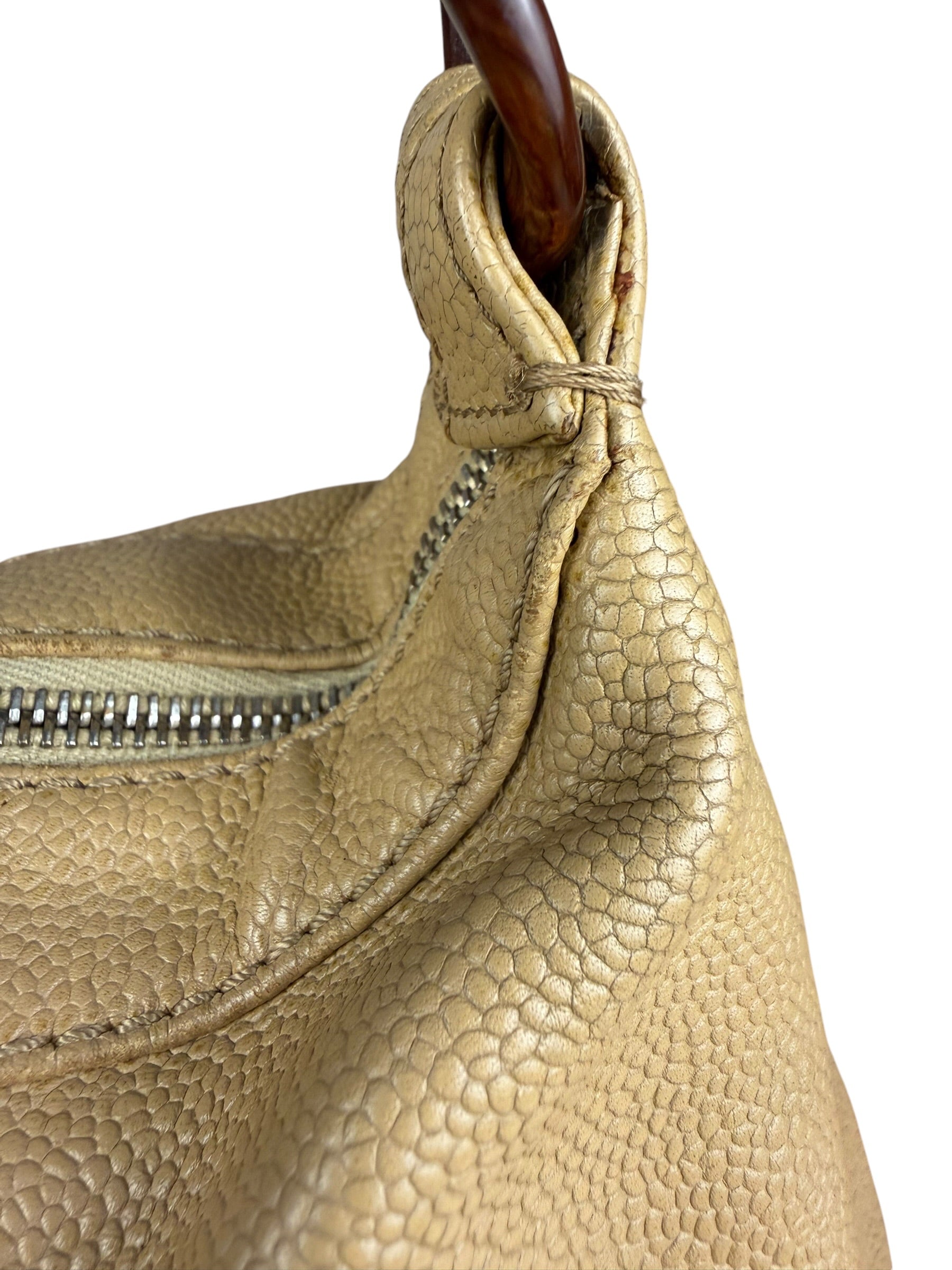 Chanel CC Vintage Beige Leather Caviar Wood Chain Hobo Bag