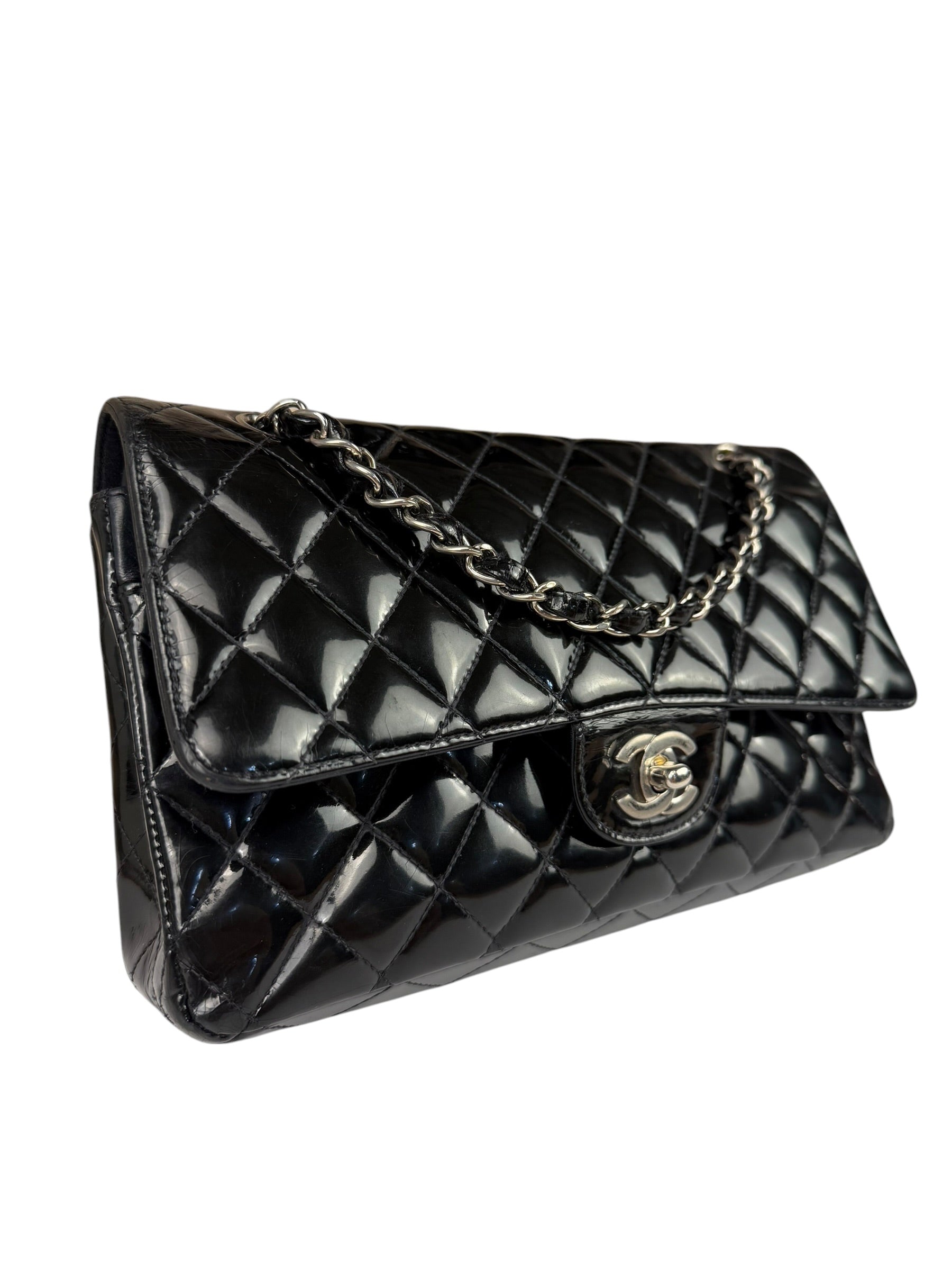 Chanel Black Patent Quilted Leather Double Flap Bag