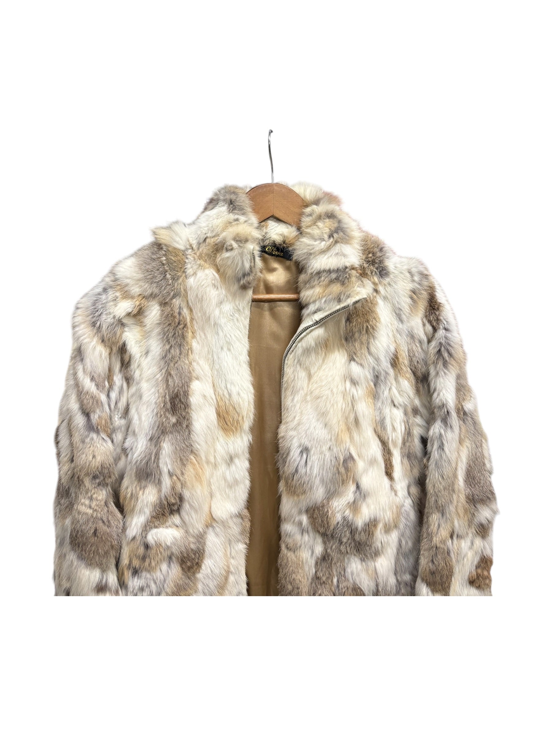 Diva Brown/White Zip-Up Rabbit Fur Jacket