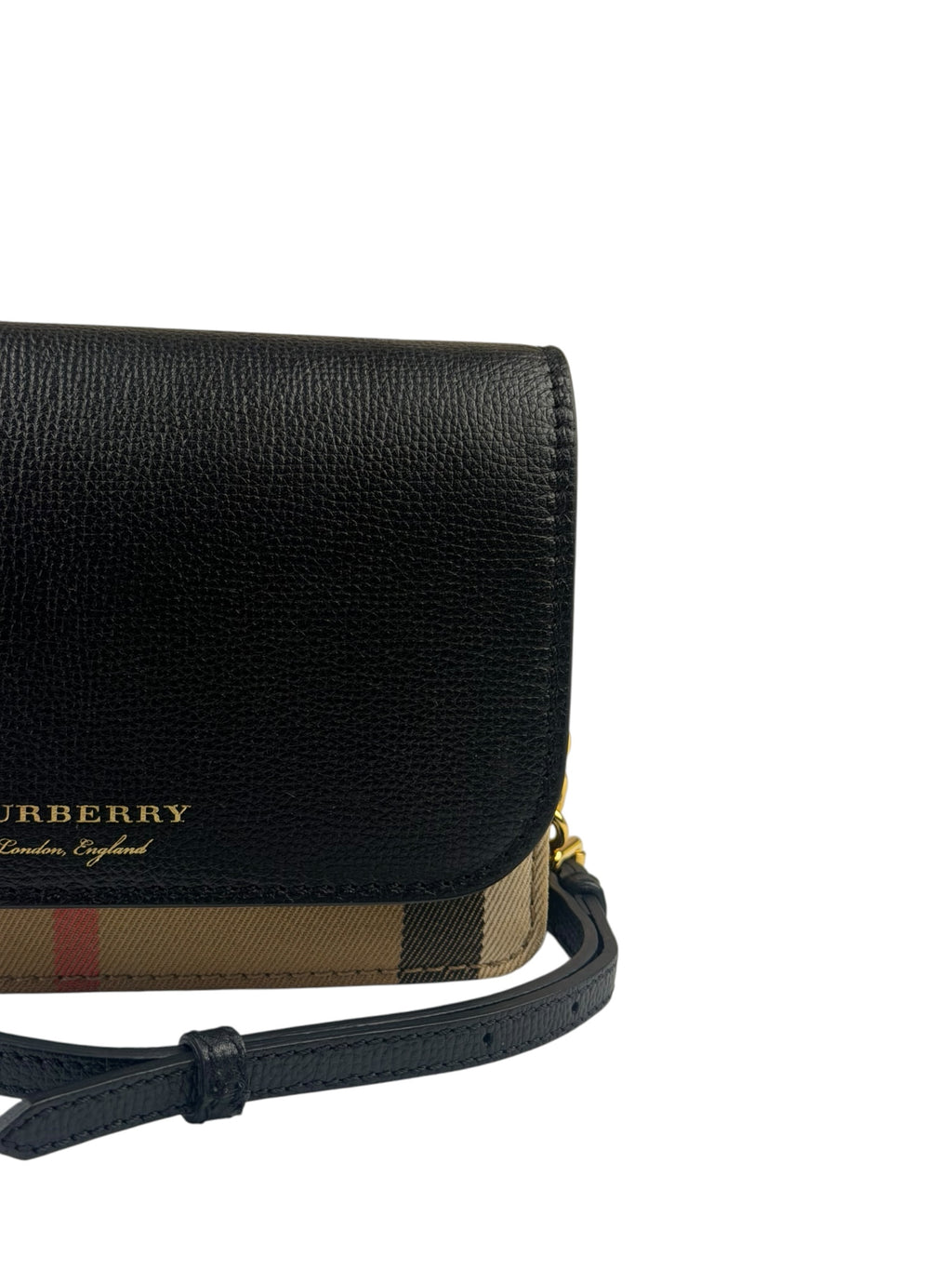 Burberry Black Leather House Check Flap Wallet On Chain
