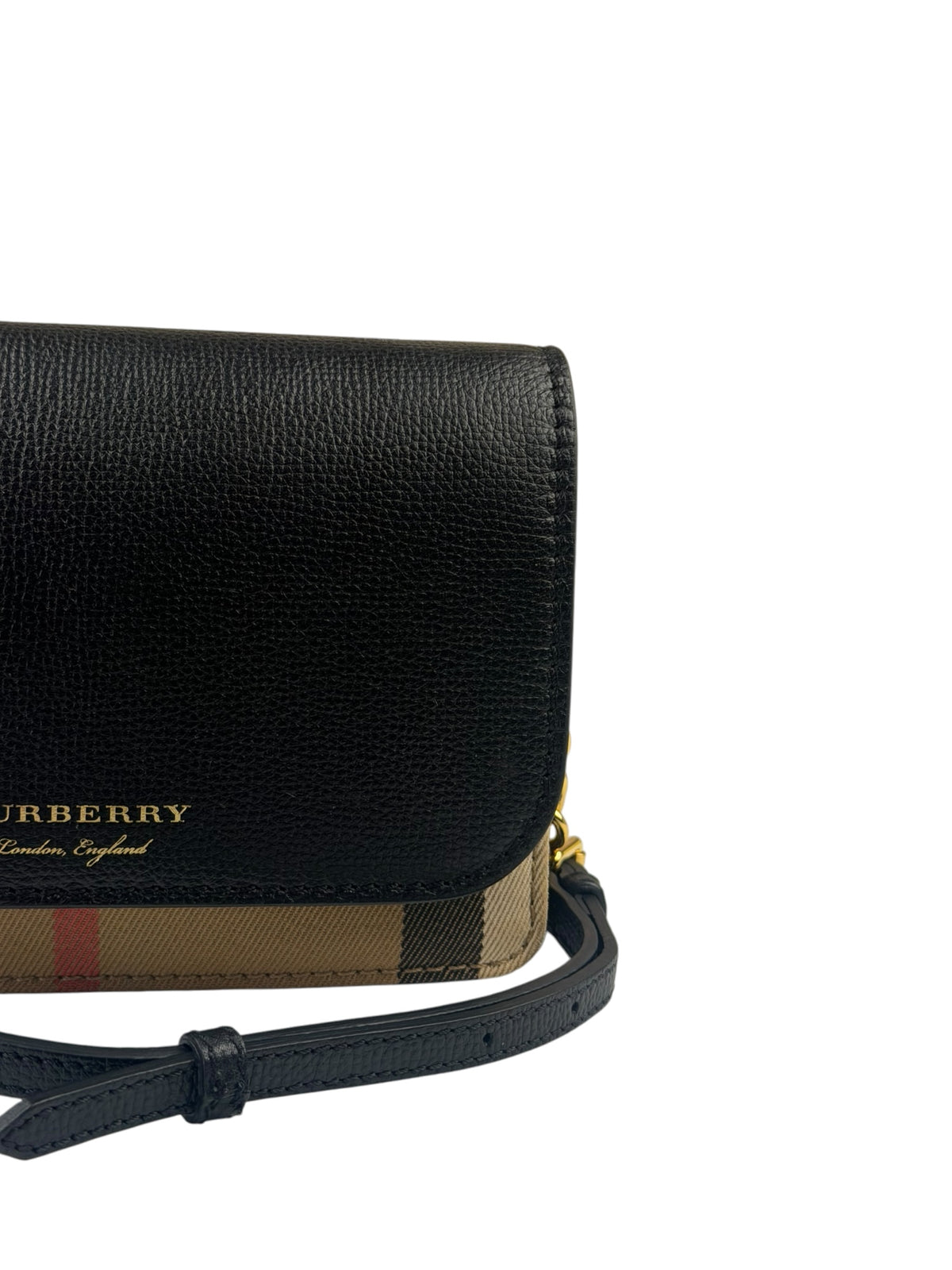 Burberry Black Leather House Check Flap Wallet On Chain