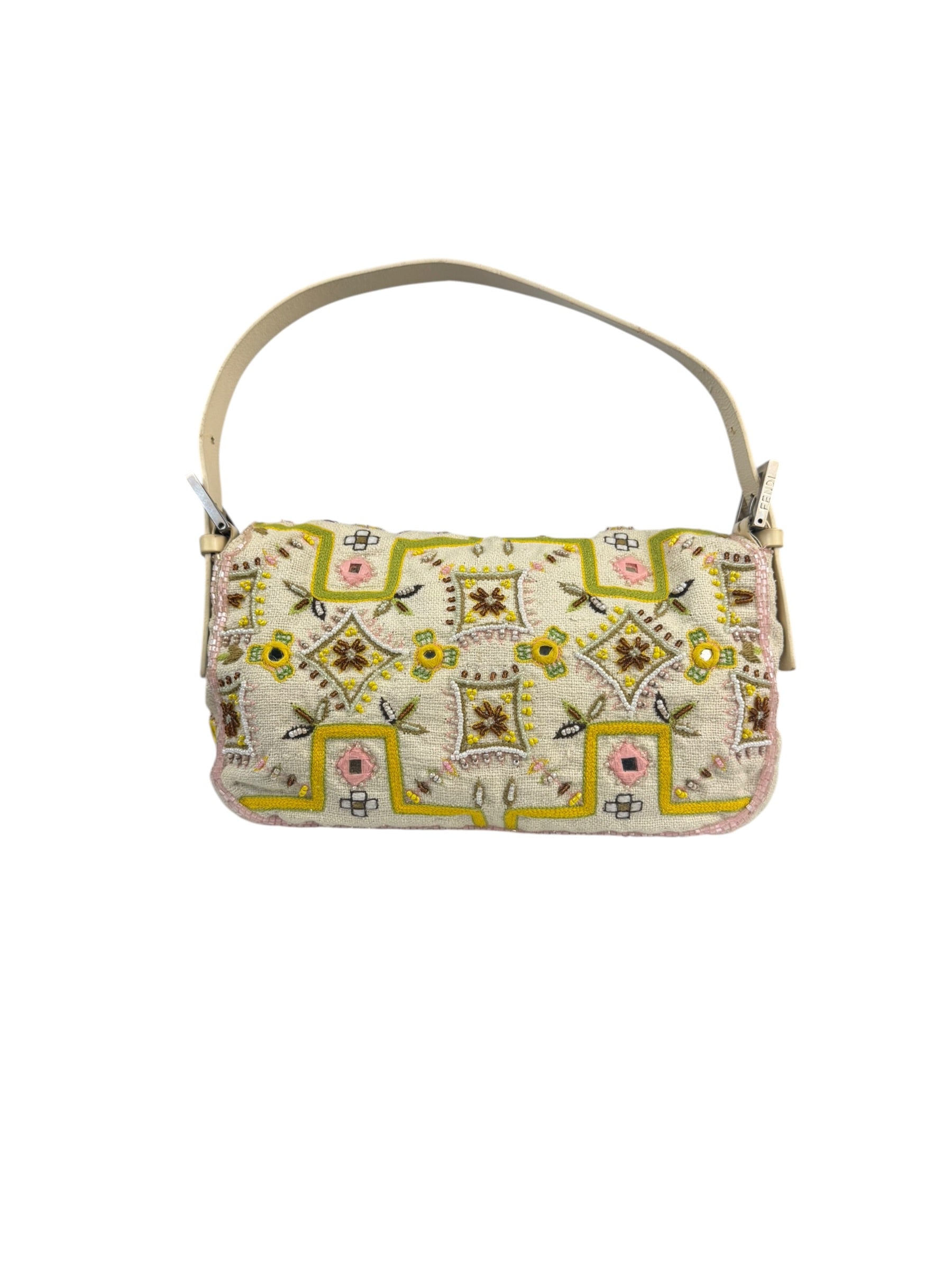 Fendi Cream Leather Trim Beaded Baguette