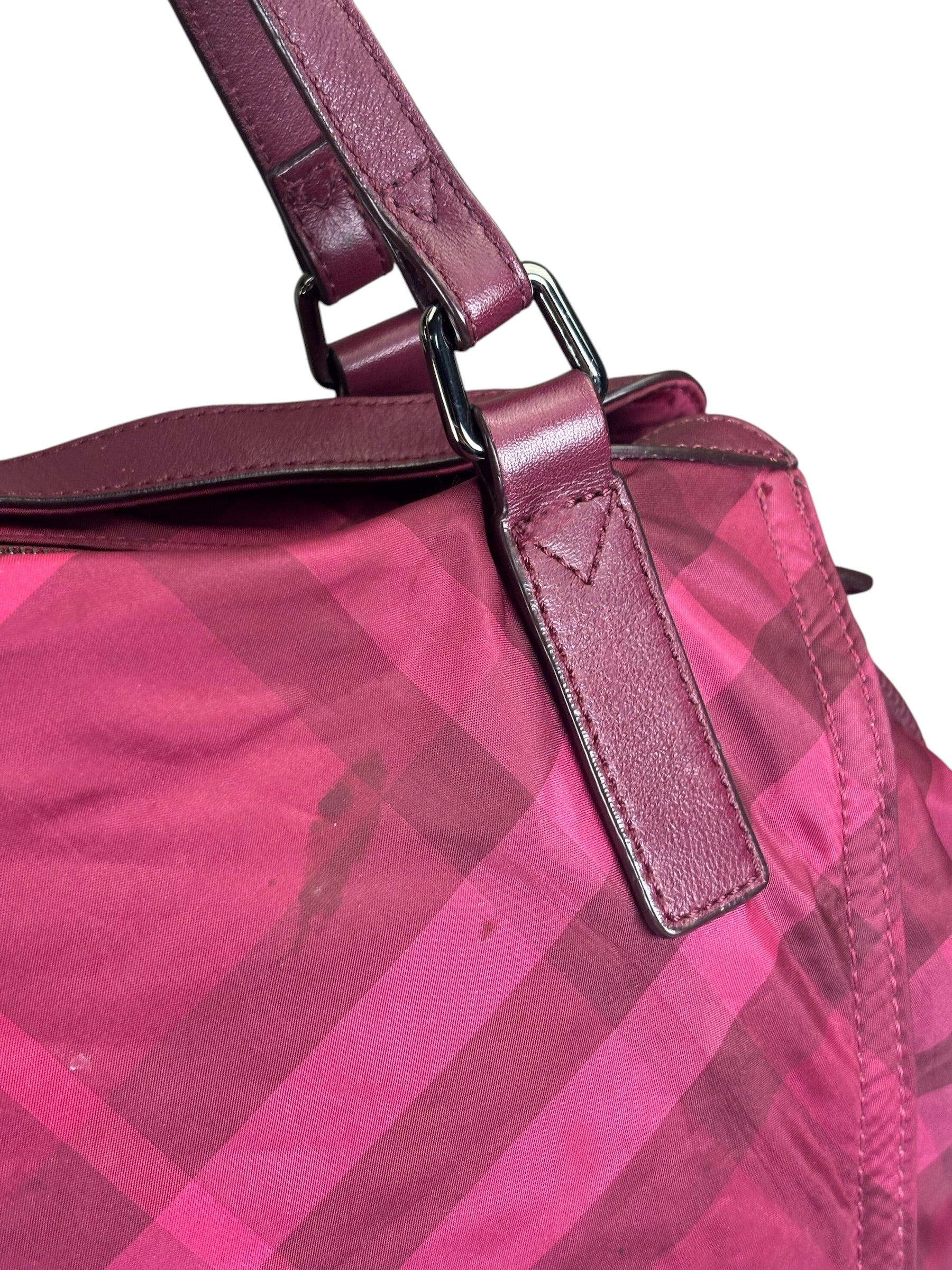 Burberry Plum Nylon/Leather Trim Nova Check Buckleigh Packable Tote