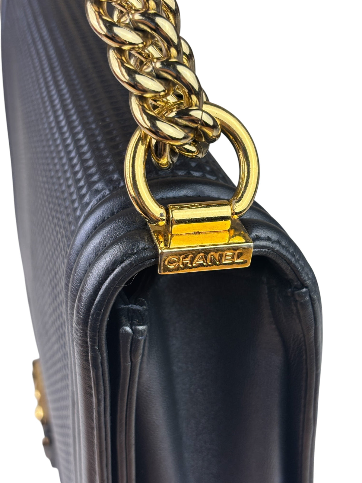 Chanel Navy Lambskin Cube Embossed XL Boy Flap 2013