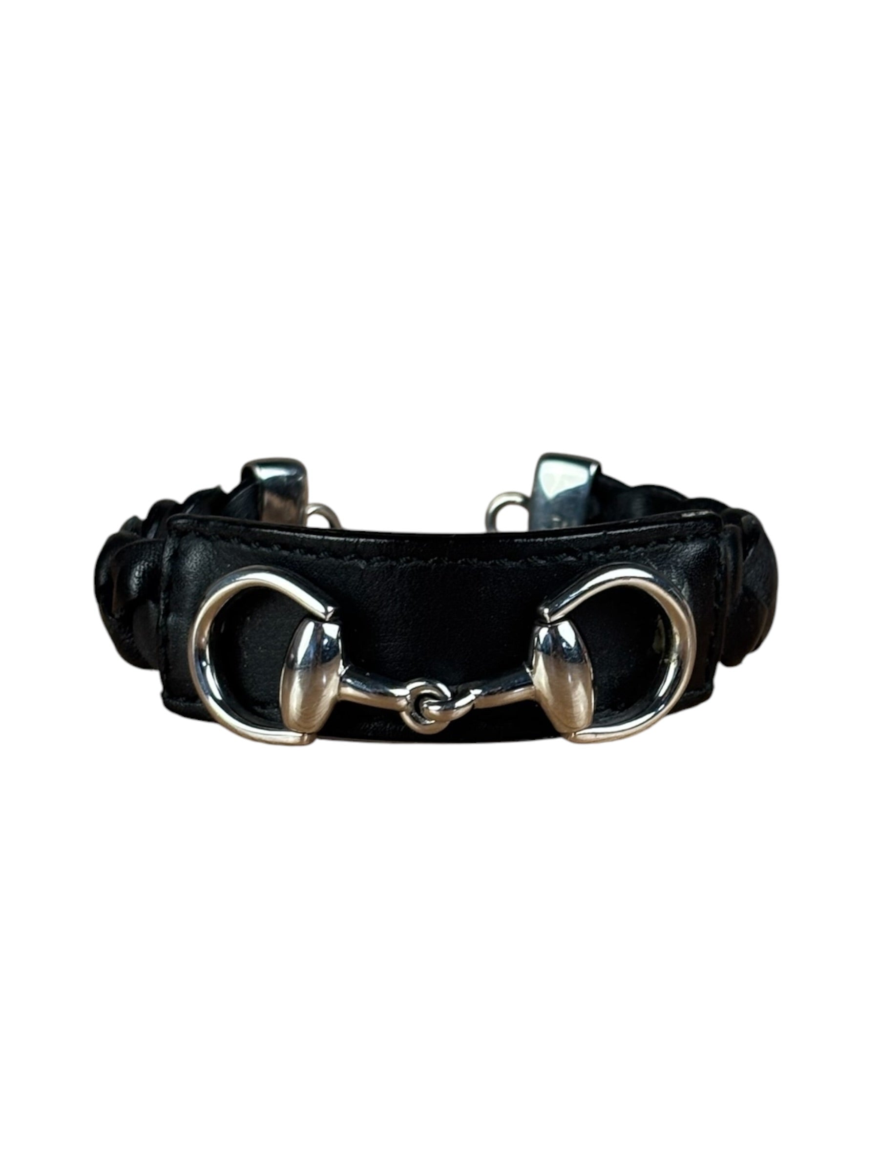 Gucci Black Braided Leather Horsebit Bracelet