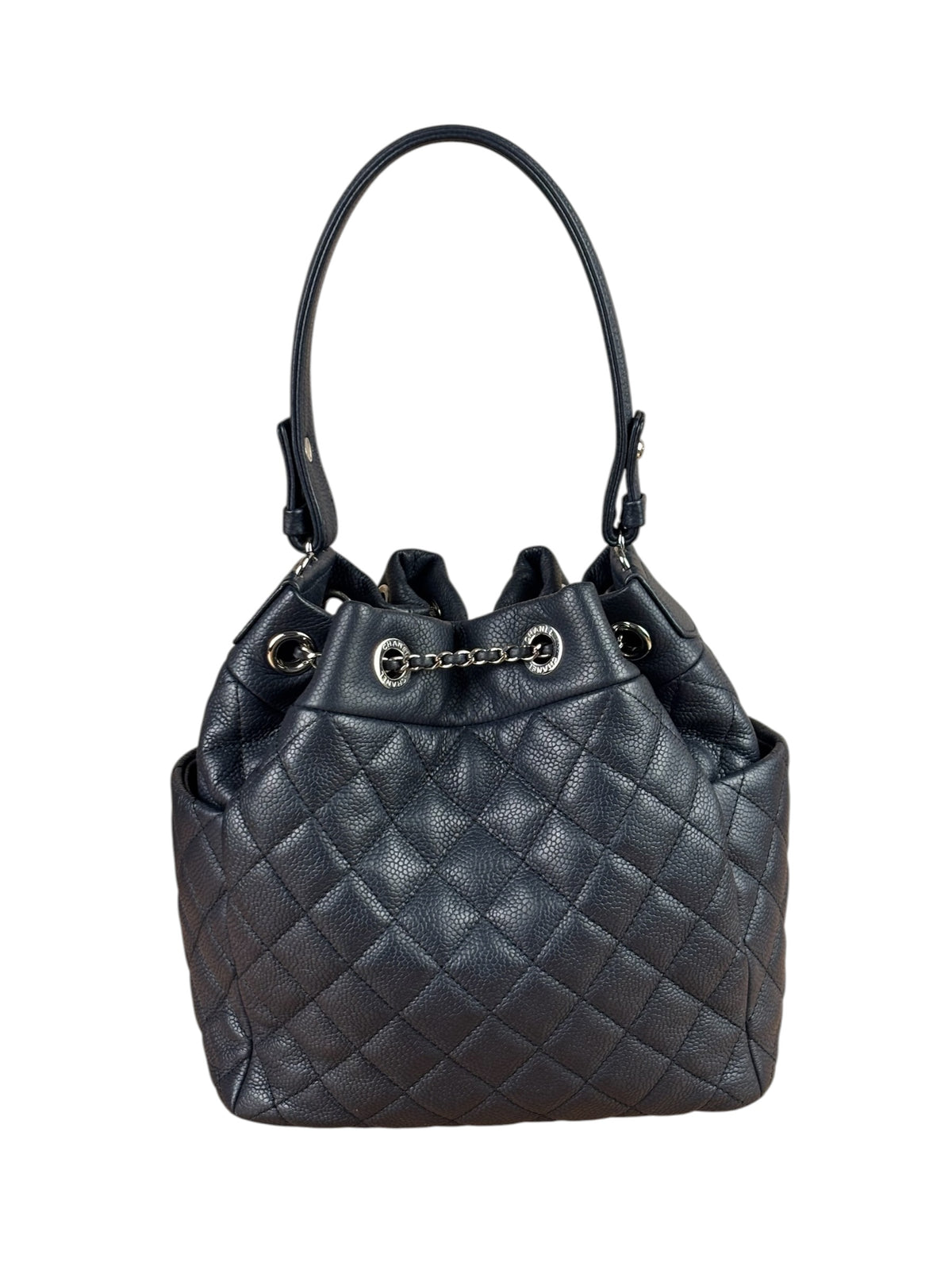 Chanel Navy Quilted Caviar Bucket Bag 2018