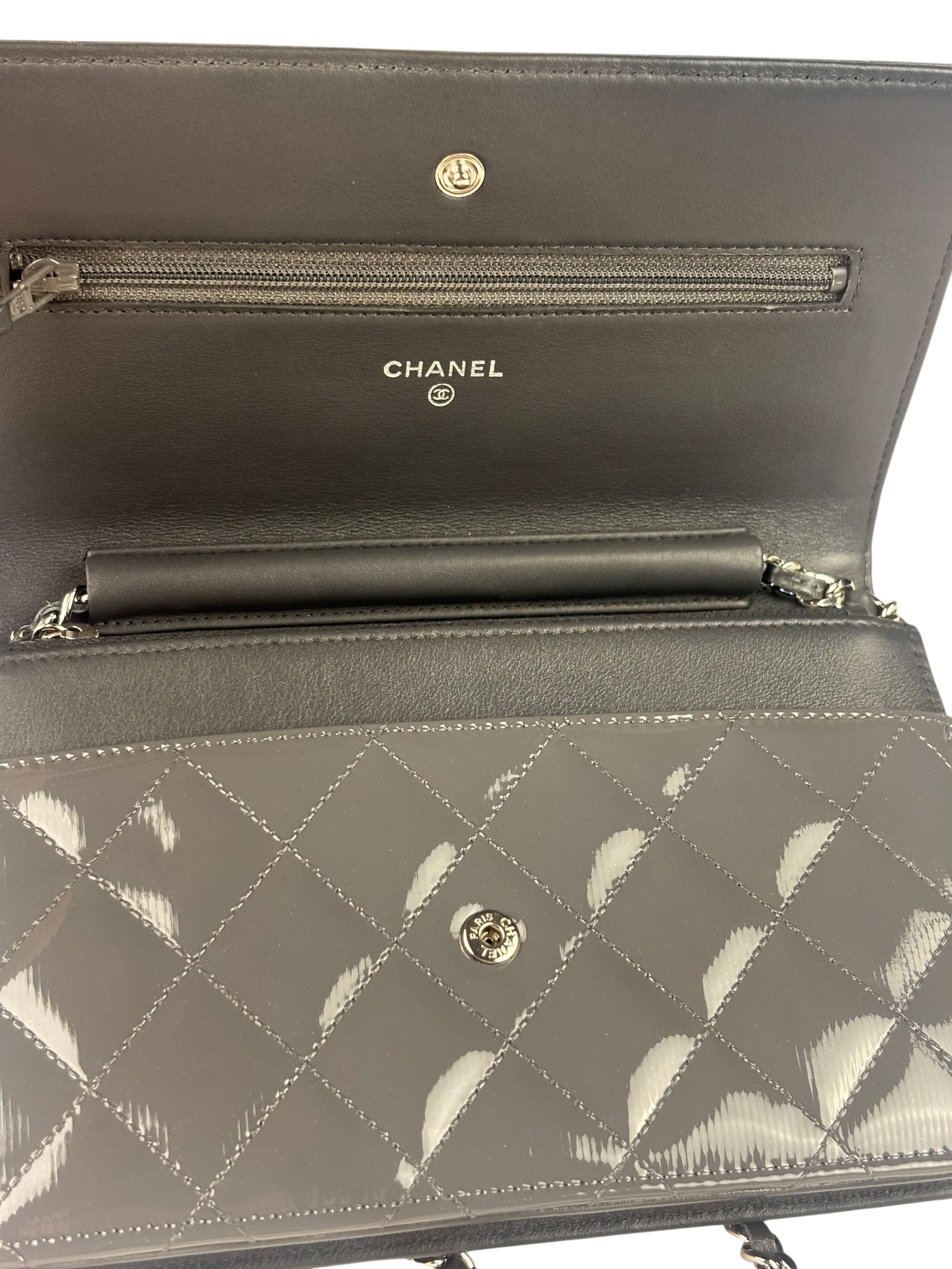 Chanel Grey Quilted Patent Leather Wallet-On-Chain 2012