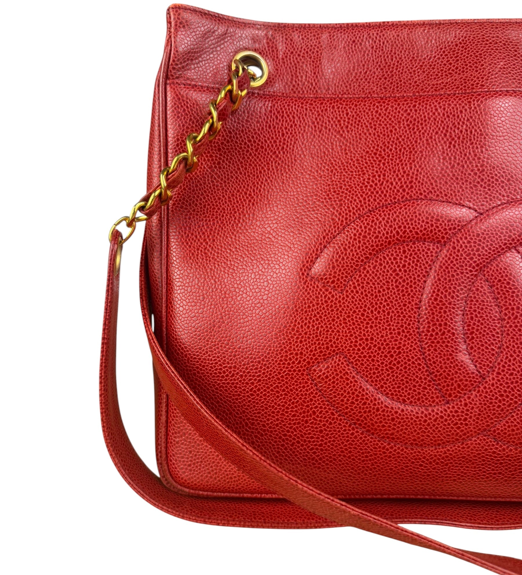 Chanel Red Caviar Leather CC Logo Tote Bag