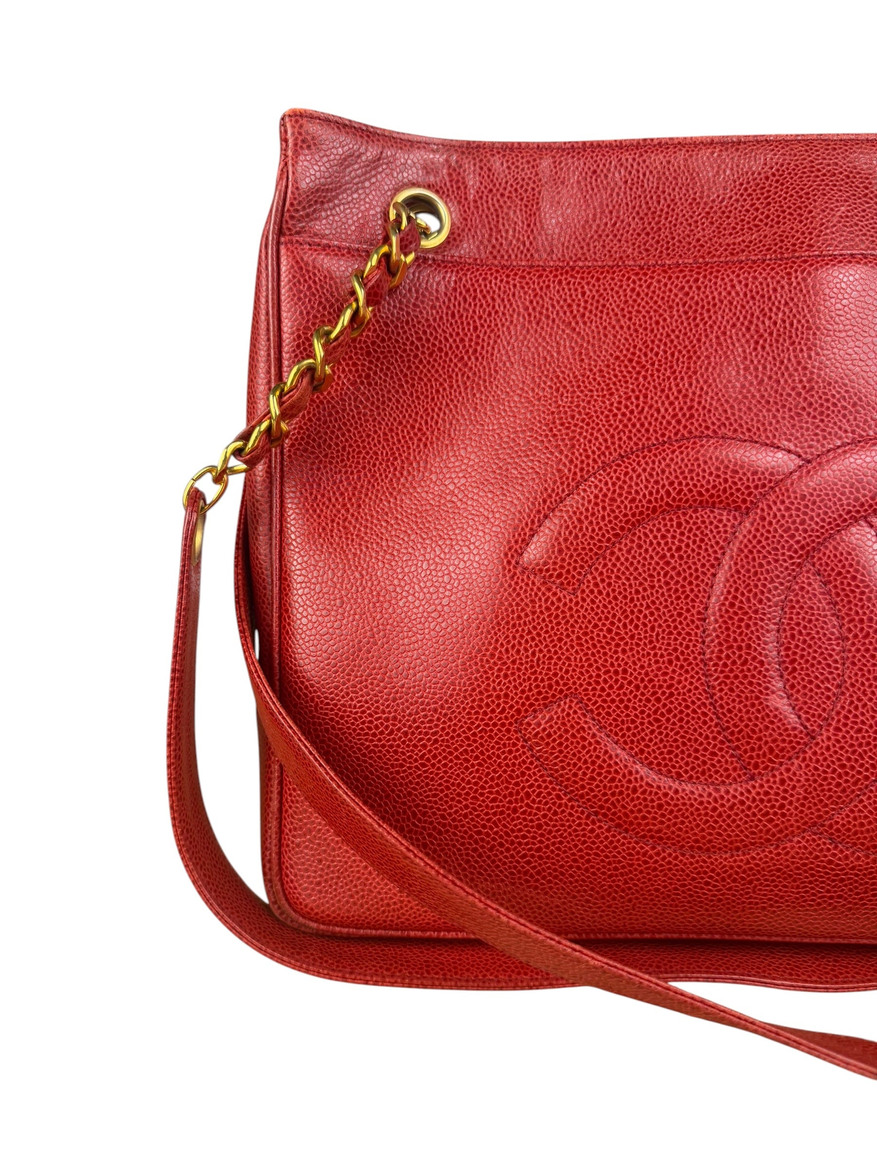 Chanel Red Caviar Leather CC Logo Tote Bag