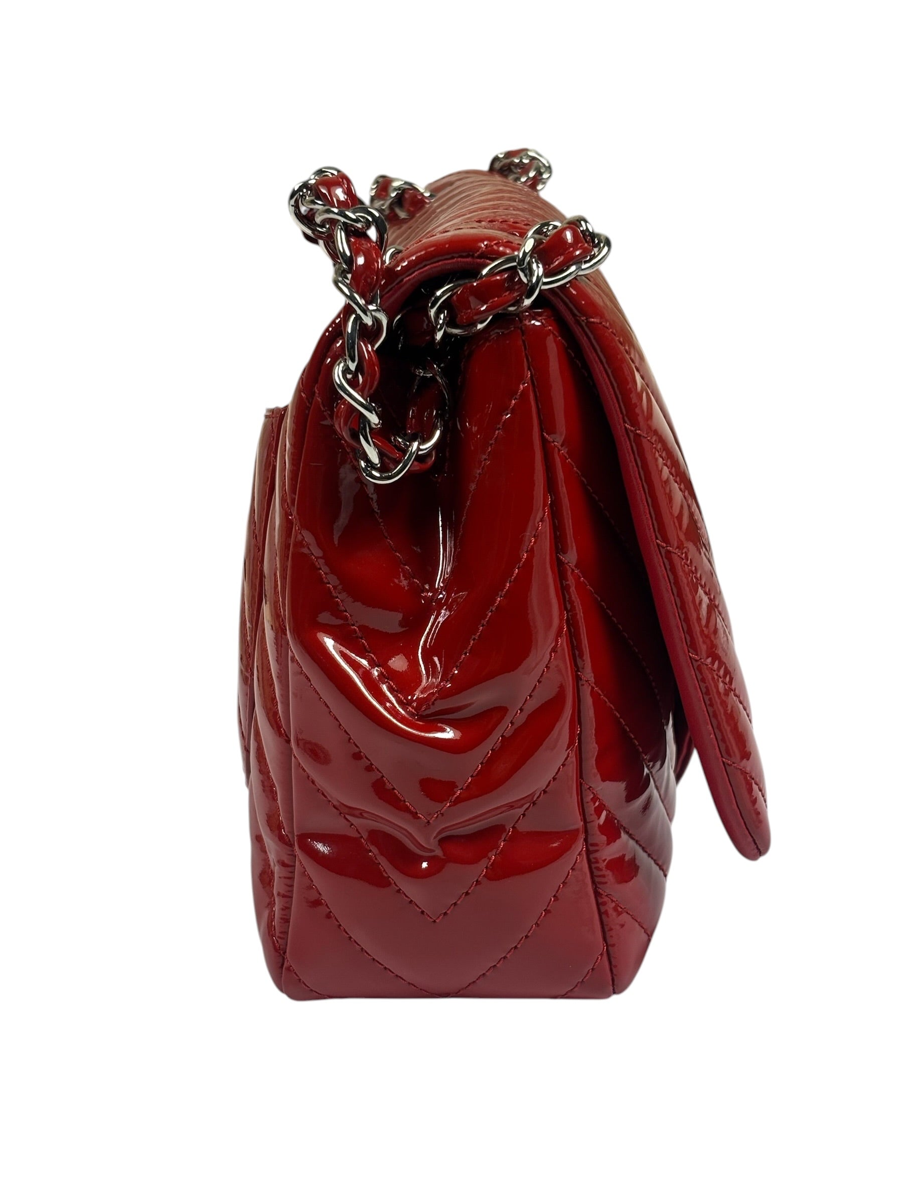 Chanel Red Patent Leather Chevron Jumbo Flap Bag 2009