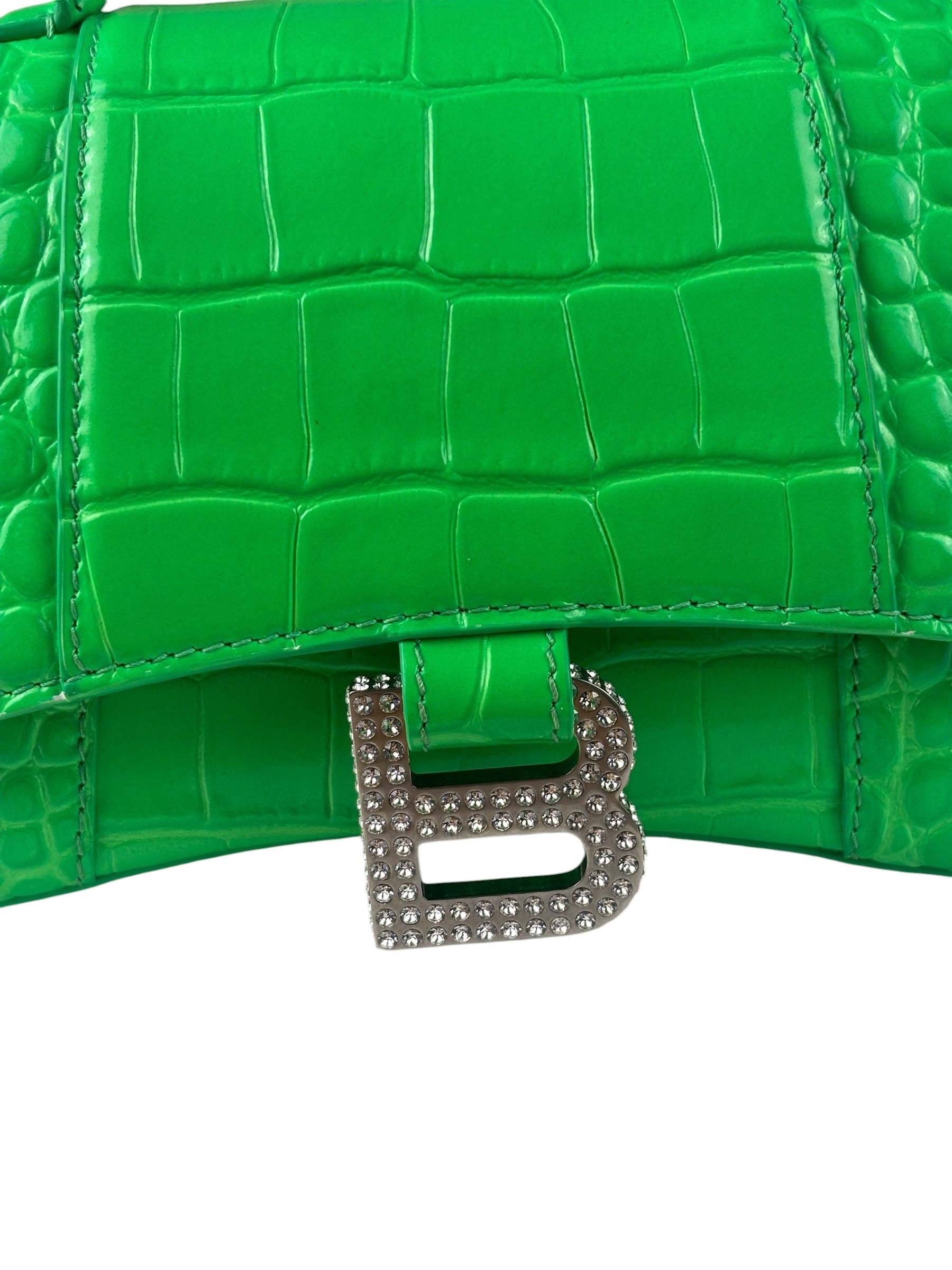 Balenciaga Fluo Green Crocodile Embossed Hourglass XS Two-Way Bag