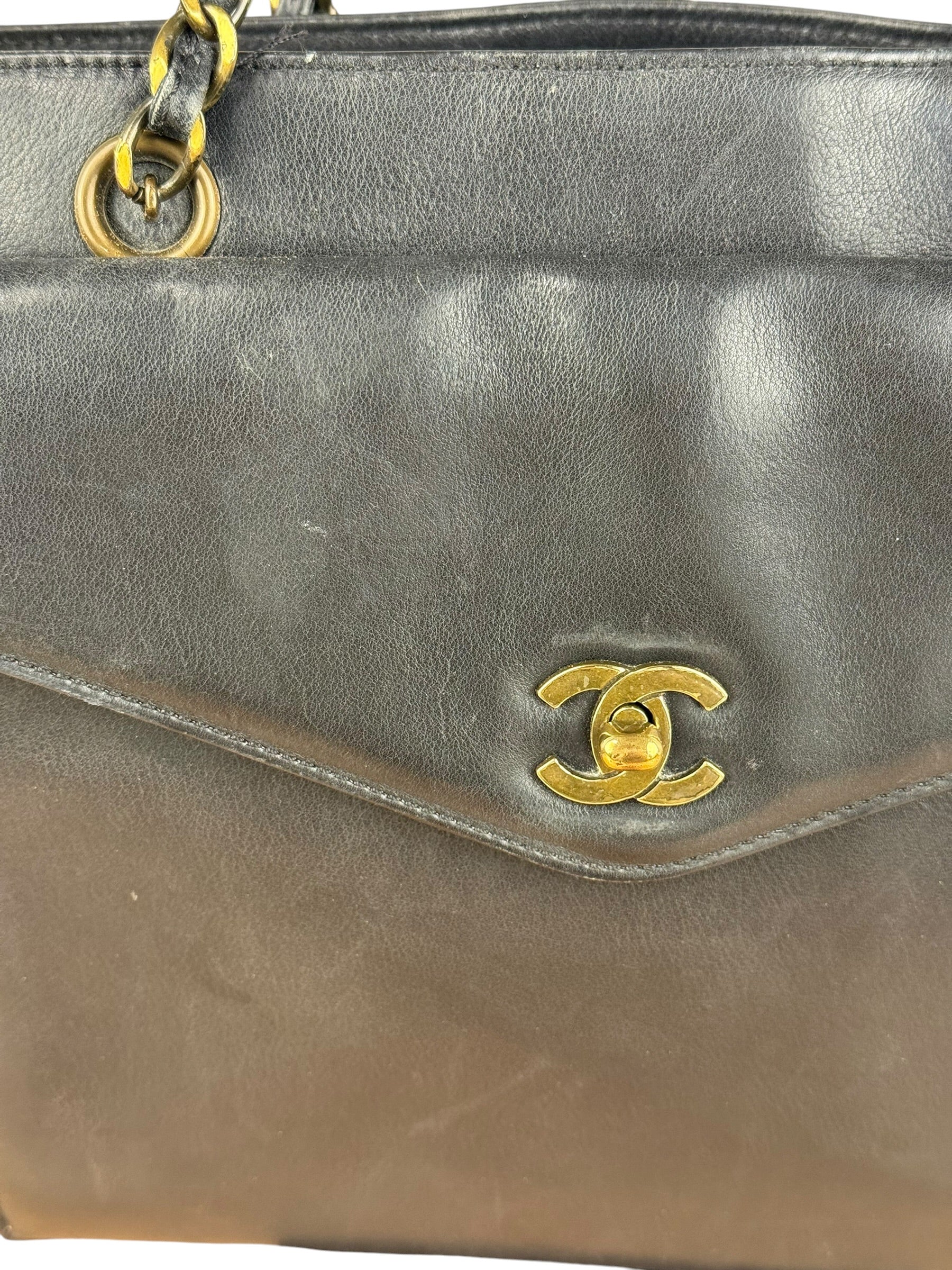 Chanel Black Leather Front Pocket Chain Tote 1998