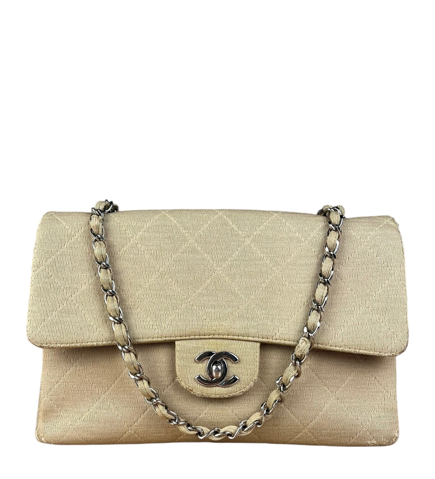 Chanel Vintage Beige Jersey Quilted Classic Flap Bag
