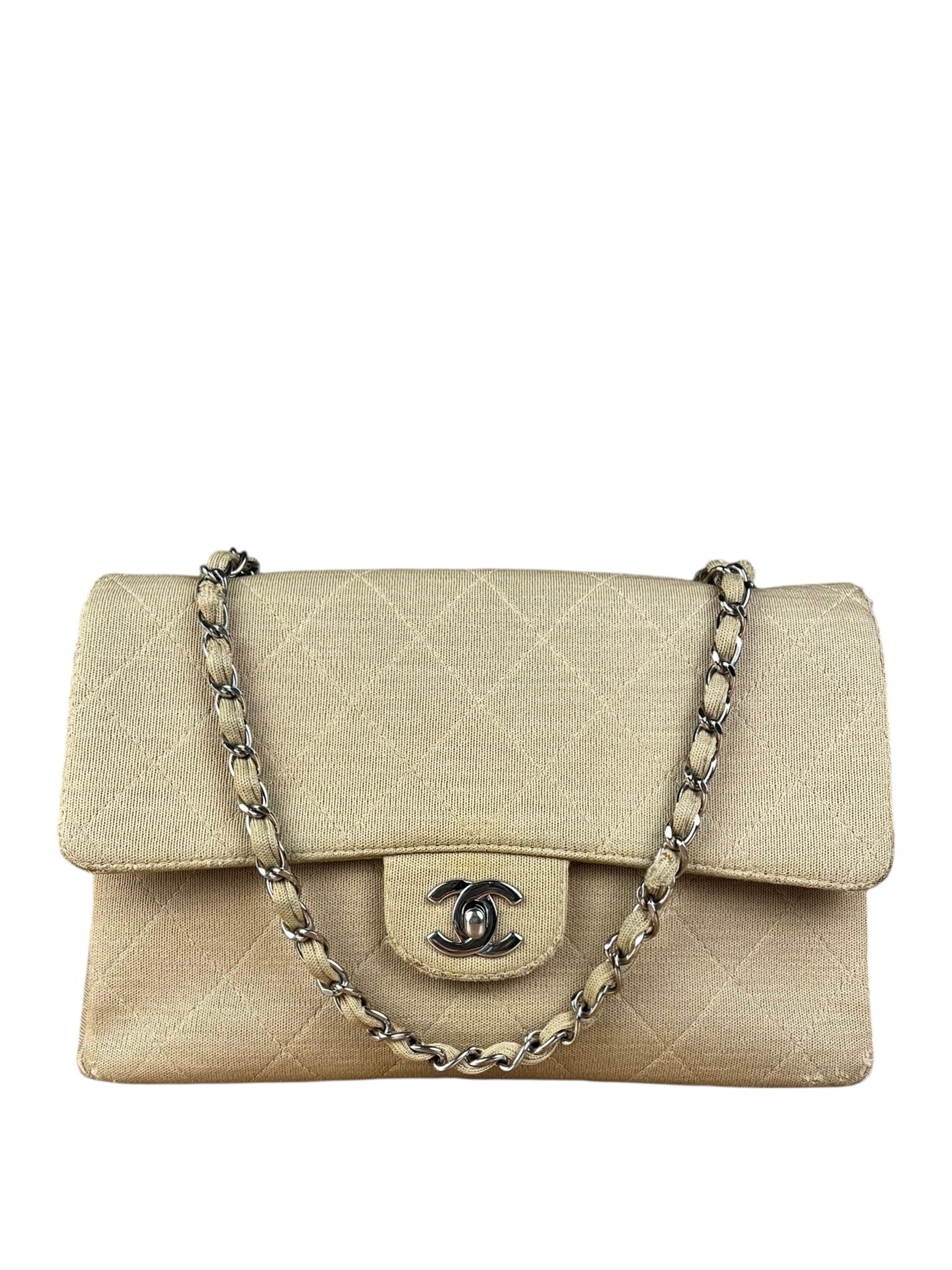 Chanel Vintage Beige Jersey Quilted Classic Flap Bag