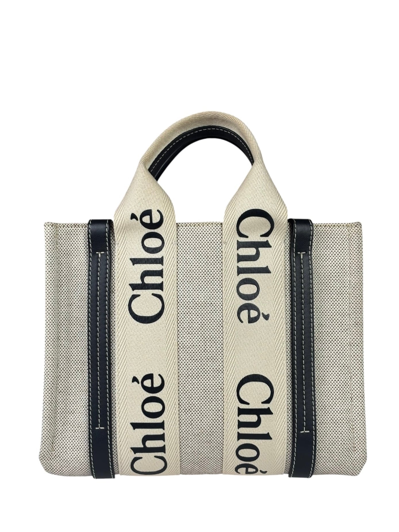 Chloe Beige Leather Trim Woody Tote Bag