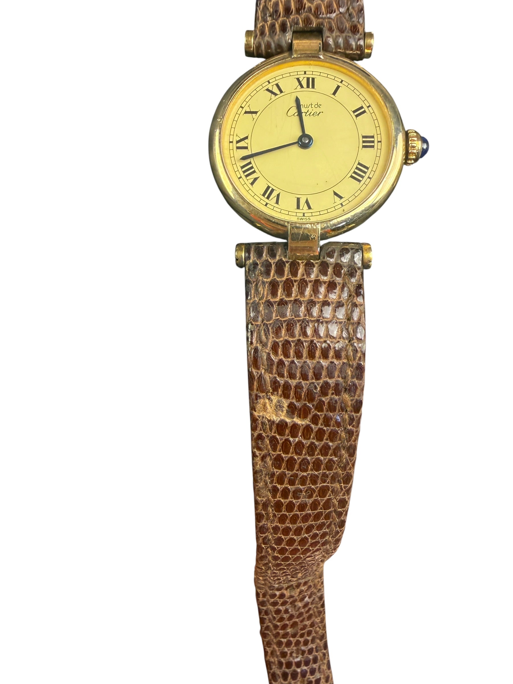 Cartier Must De Vendome Vermeil Cream Roman Dial Brown Lizard Strap