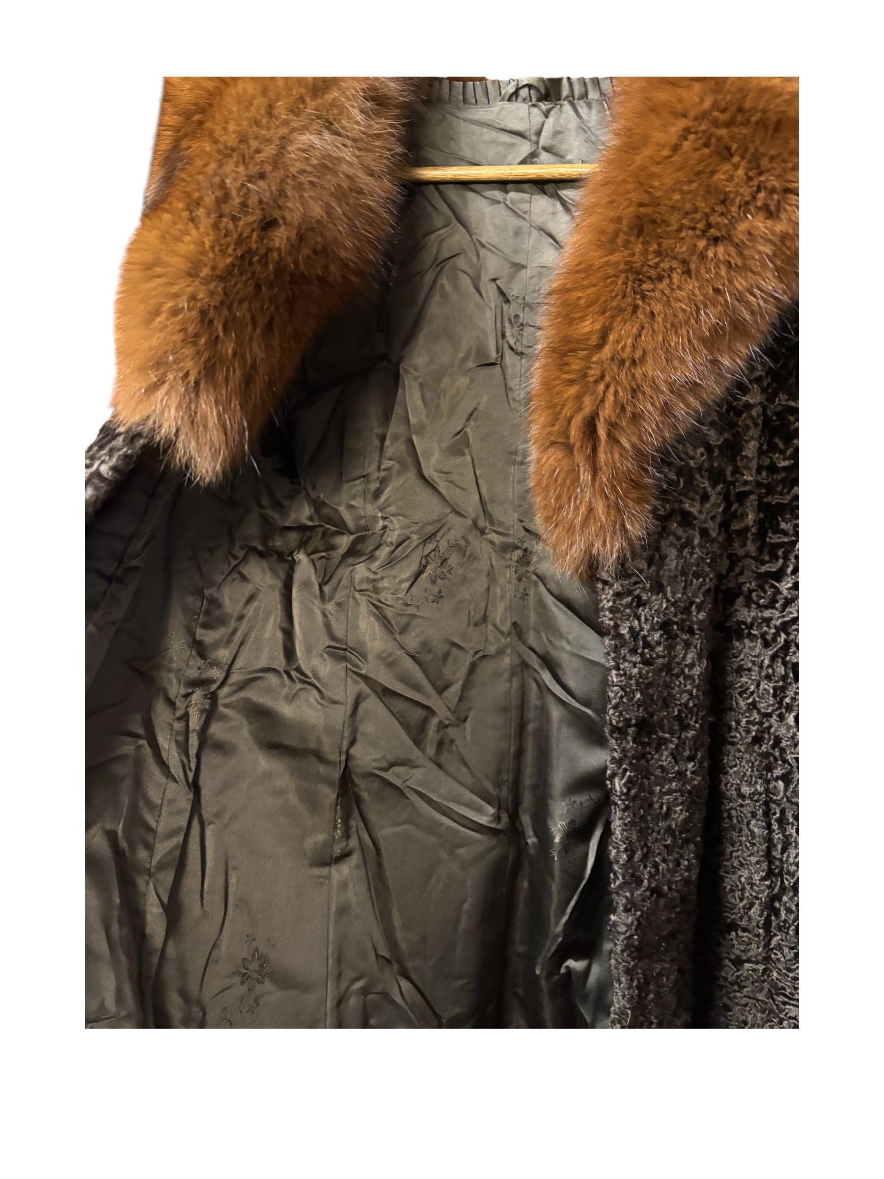 Vintage Brown Fox Fur Collar Persian Lamb Long Coat