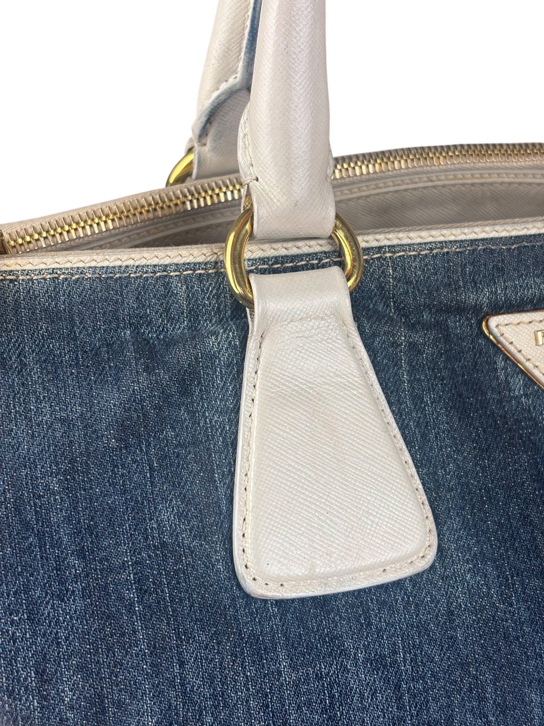 Prada Denim White Leather Trim Saffiano Handbag