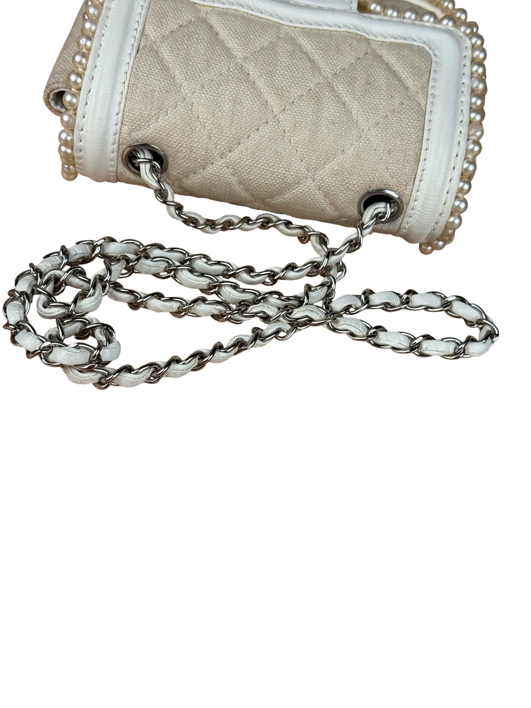 Chanel White Leather/Canvas Pearl Crossbody Flap 2003