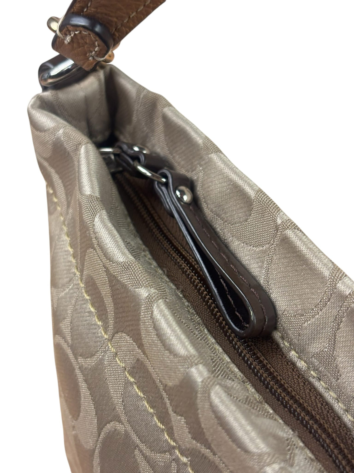 Coach Beige/Brown Leather Trim Signature Mini Carly Hobo Bag