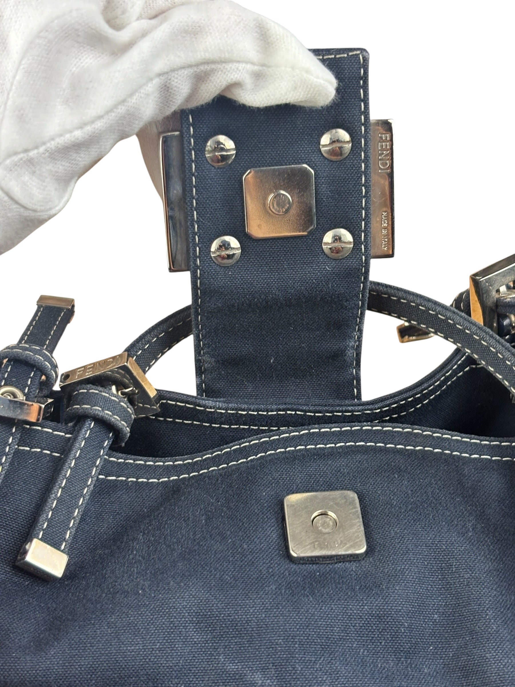 Fendi Vintage Navy Blue Leather Trim Mamma Baguette