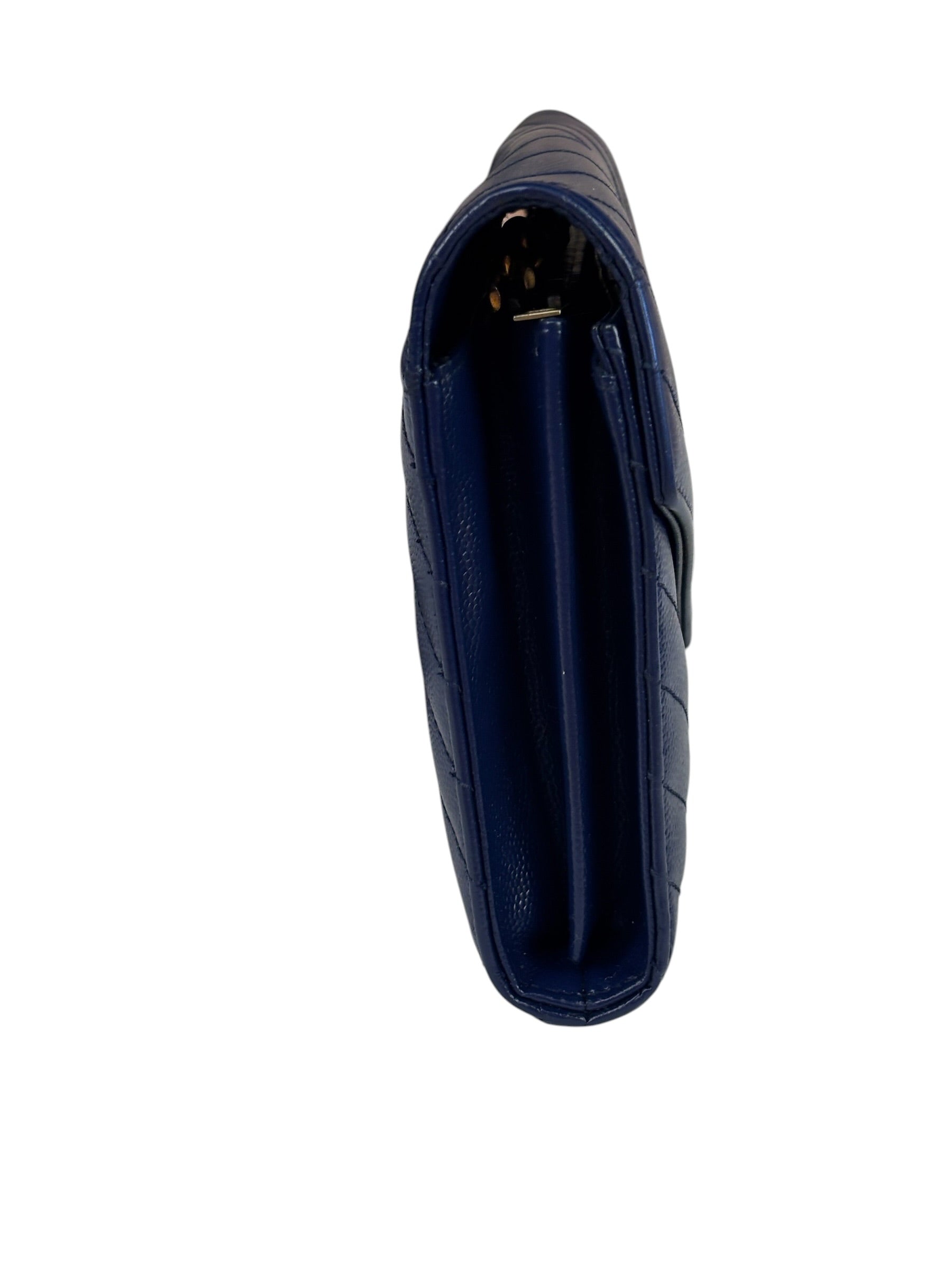 YSL Navy Blue Chevron Leather Cassandre Envelope Wallet On Chain