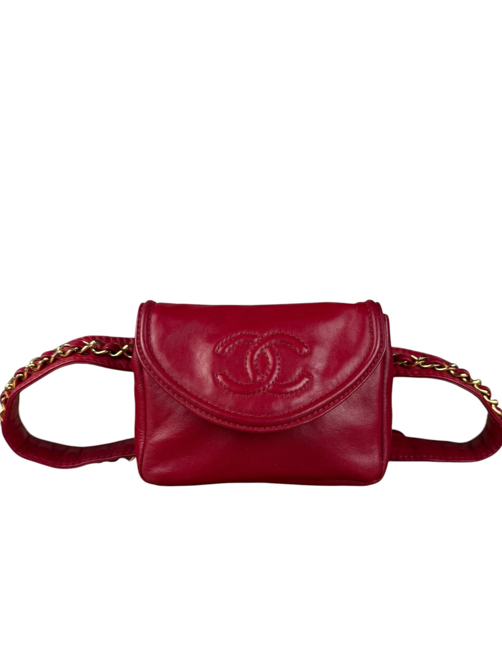 Chanel Vintage Red CC Leather Chain Belt Bag 90s