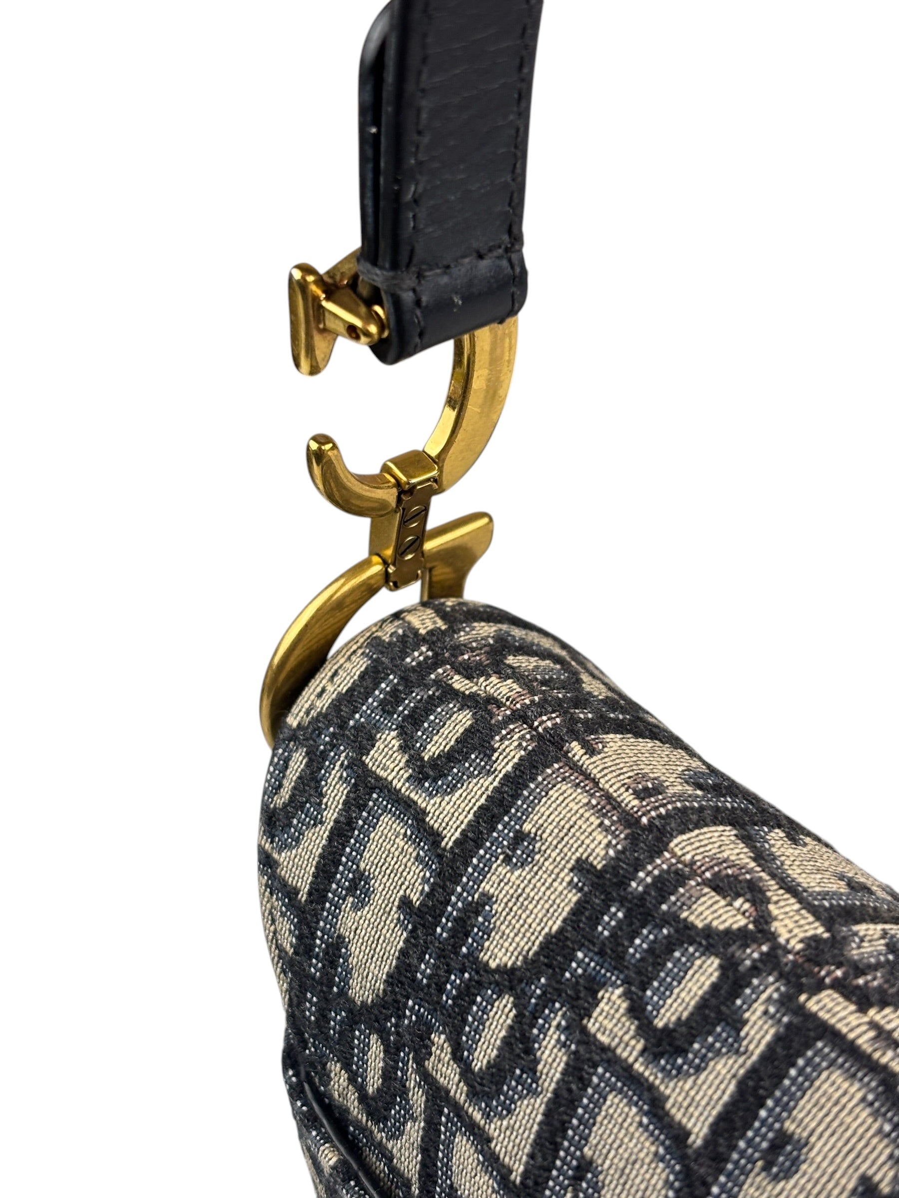 Christian Dior Navy Leather Trim Oblique Saddle Handbag