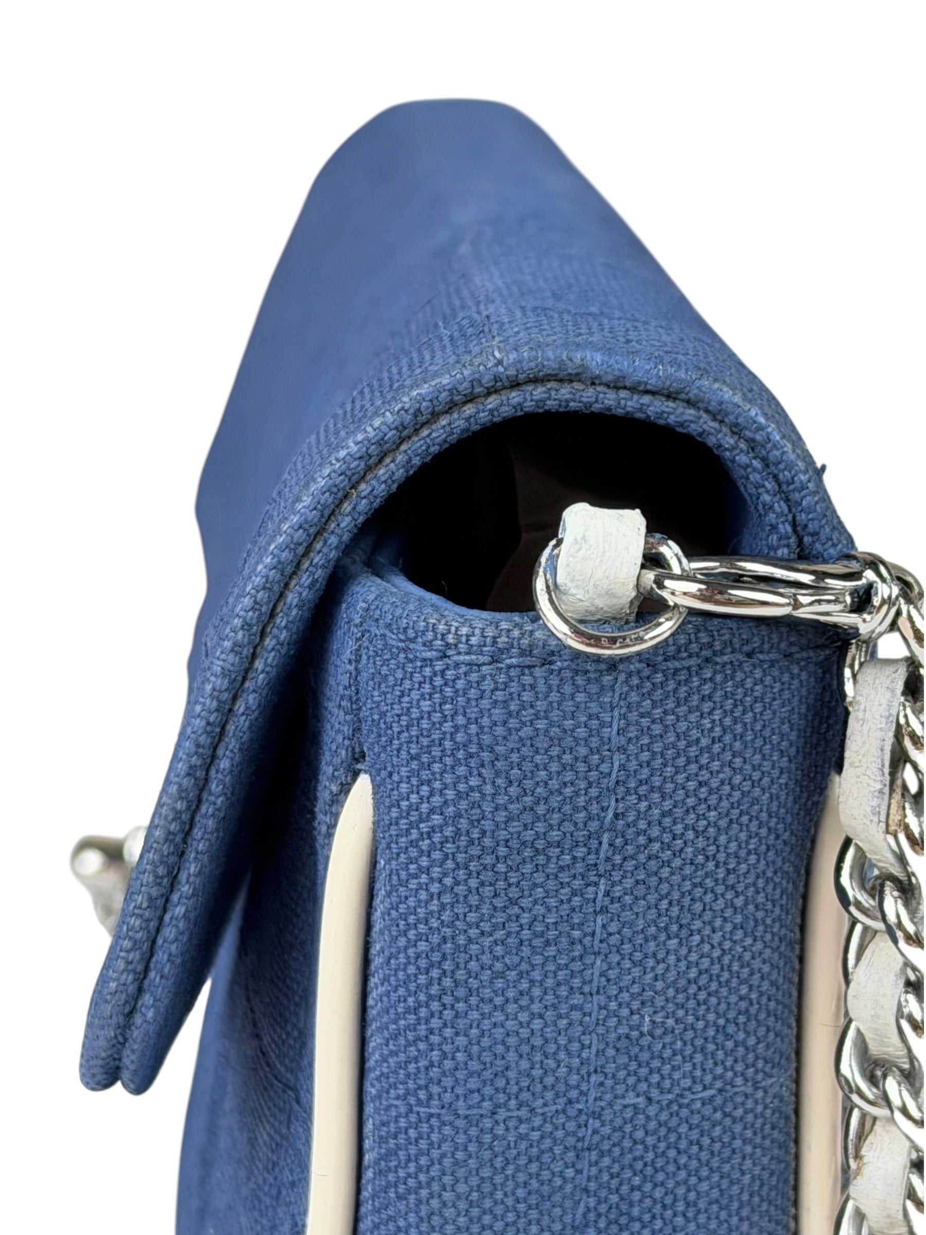 Chanel Blue/Cream Patent Leather Trim East-West Chocolate Bar Shoulder Bag 2002