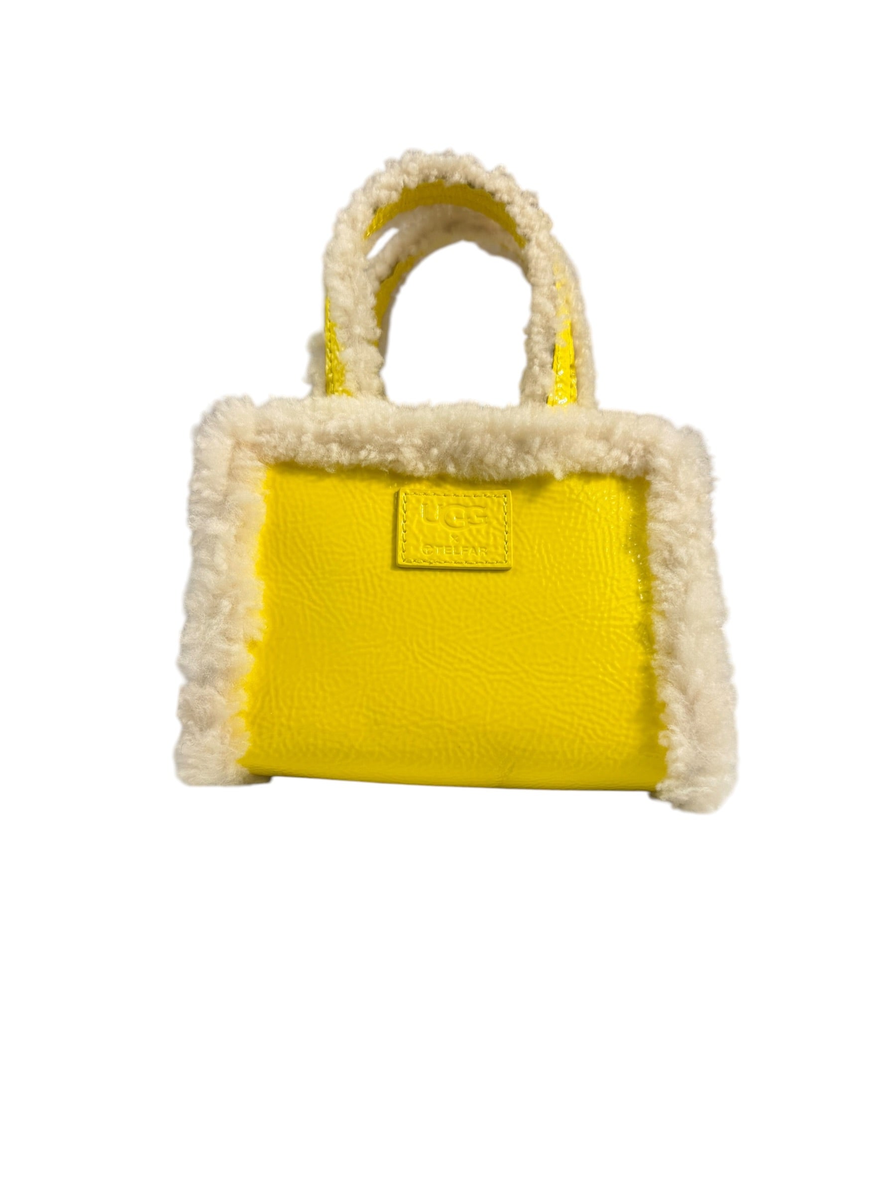 UGG x Telfar Yellow Patent Leather Fur Trim Small Shopper Crinkle In Taxi Tote
