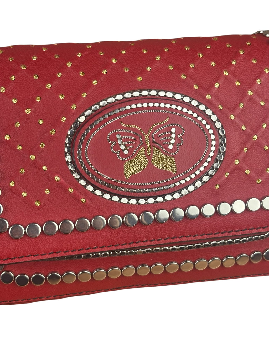 Bottega Veneta Red Leather Studded Intrecciato Flap Crossbody Bag