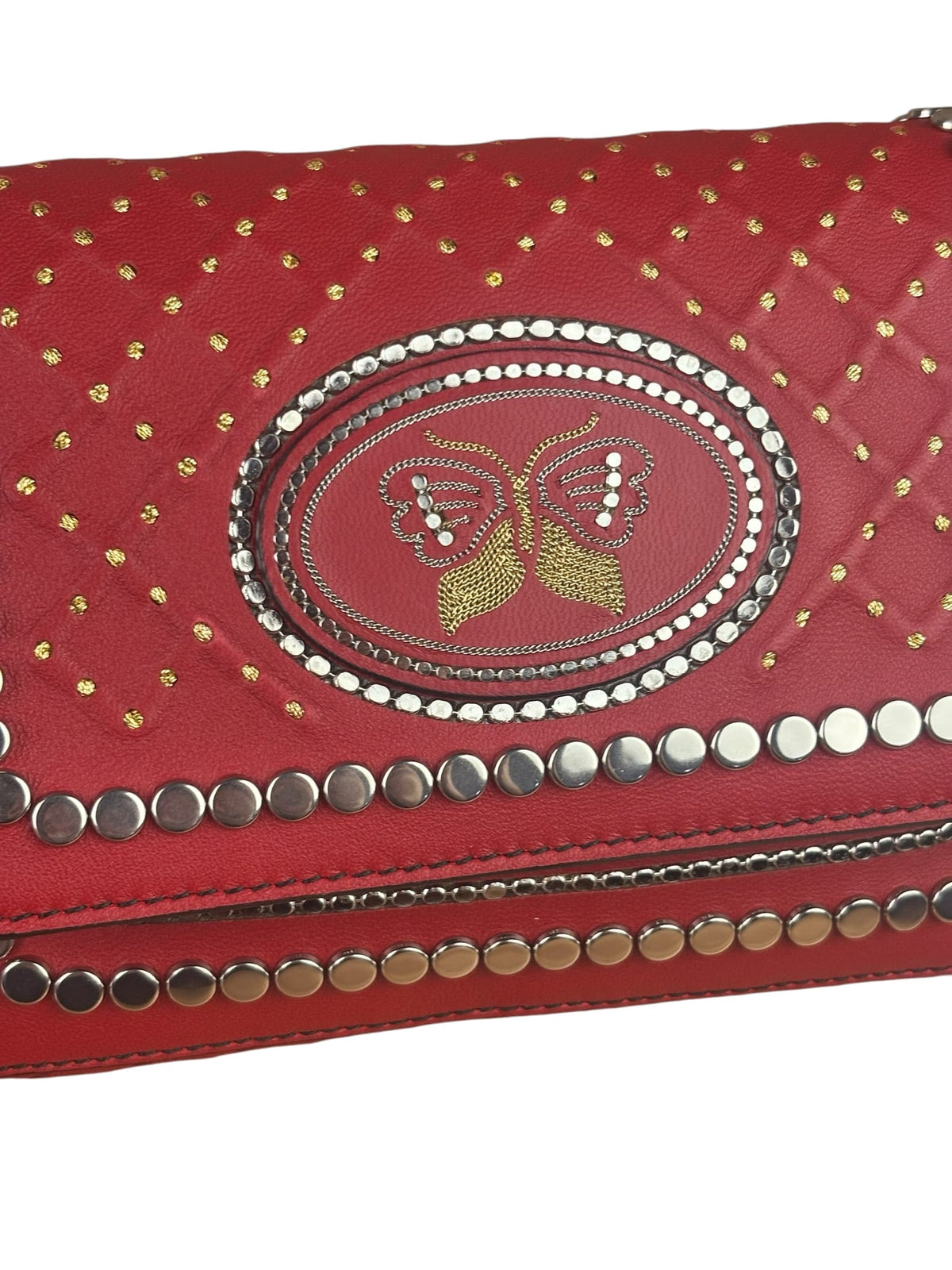 Bottega Veneta Red Leather Studded Intrecciato Flap Crossbody Bag
