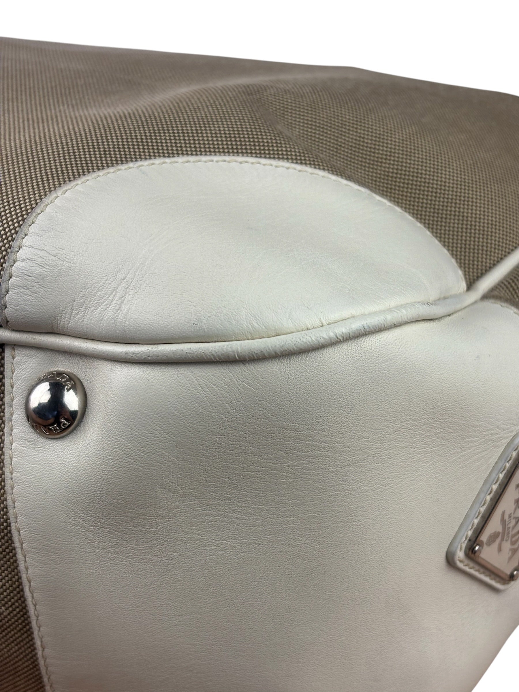 Prada Beige/Cream Leather Trim Logo Jacquard Hobo Bag
