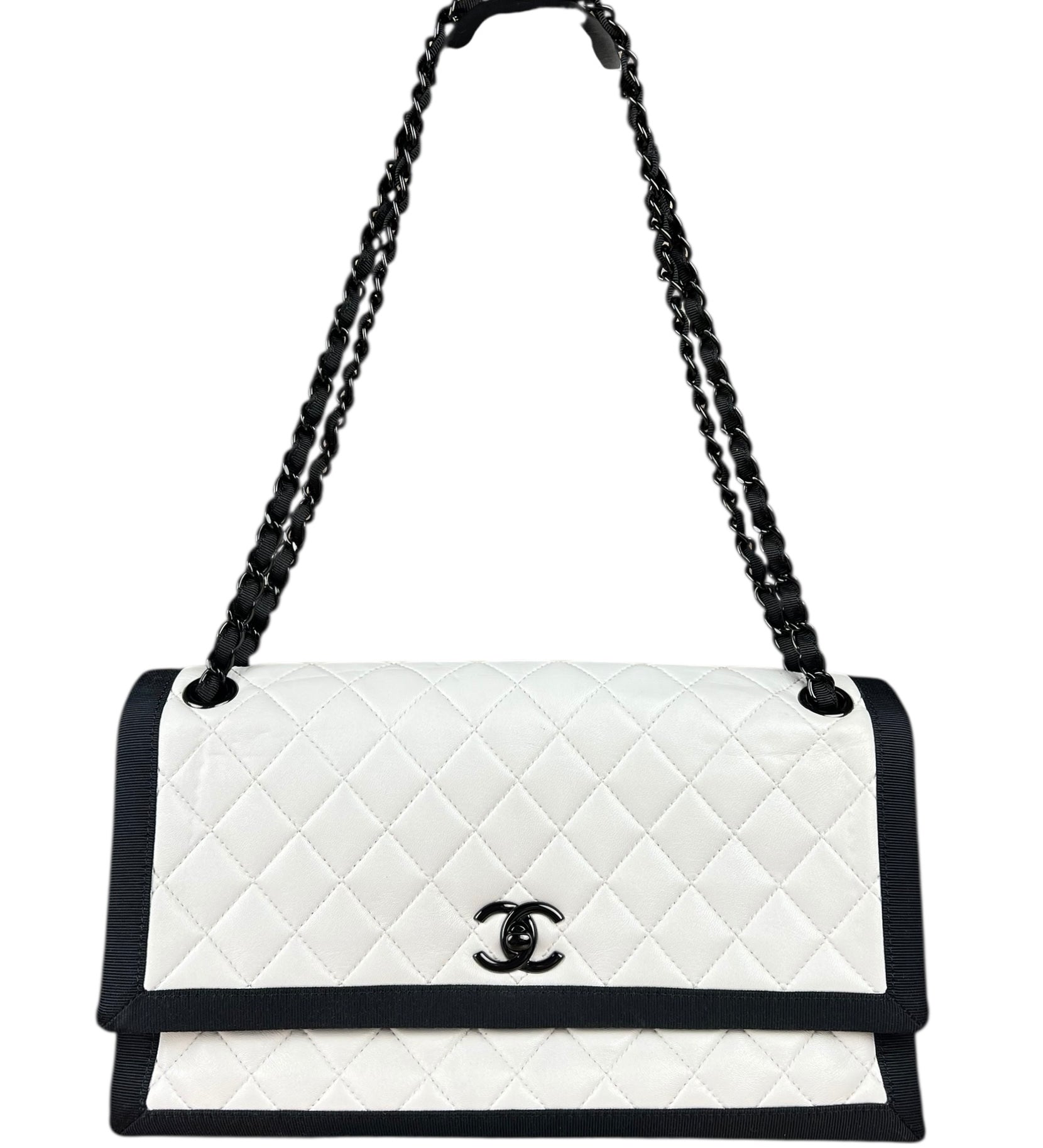 Chanel Quilted Two Tone Leather Flap Bag White
