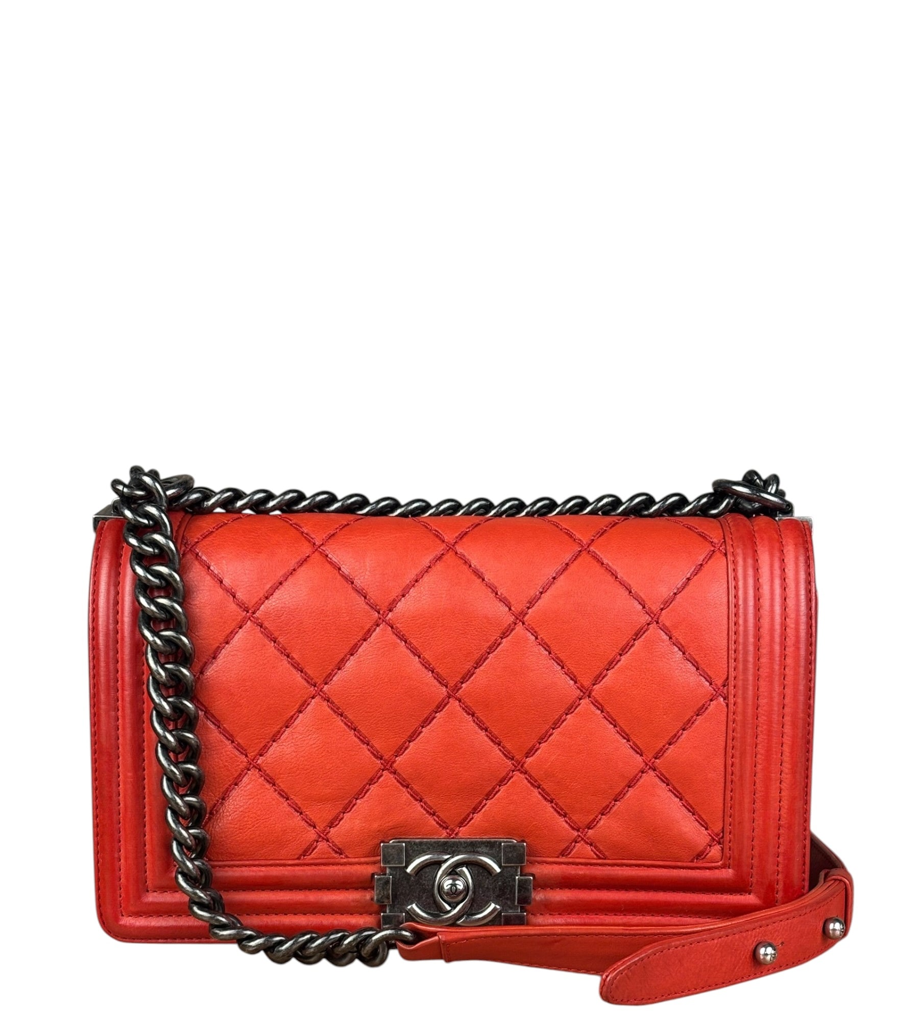 Chanel Red Quilted Double Stitch Boy Bag 2014