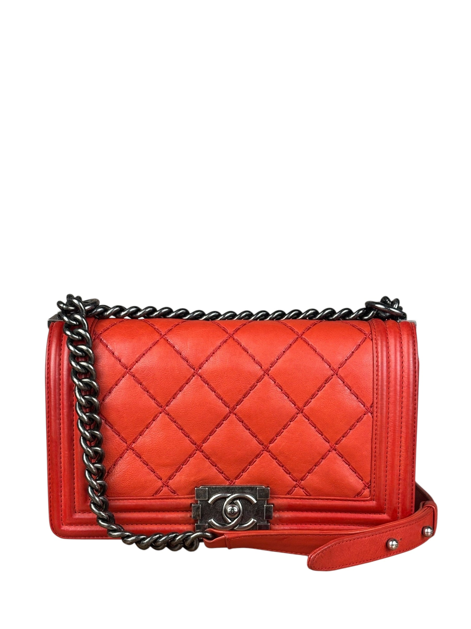 Chanel Red Quilted Double Stitch Boy Bag 2014