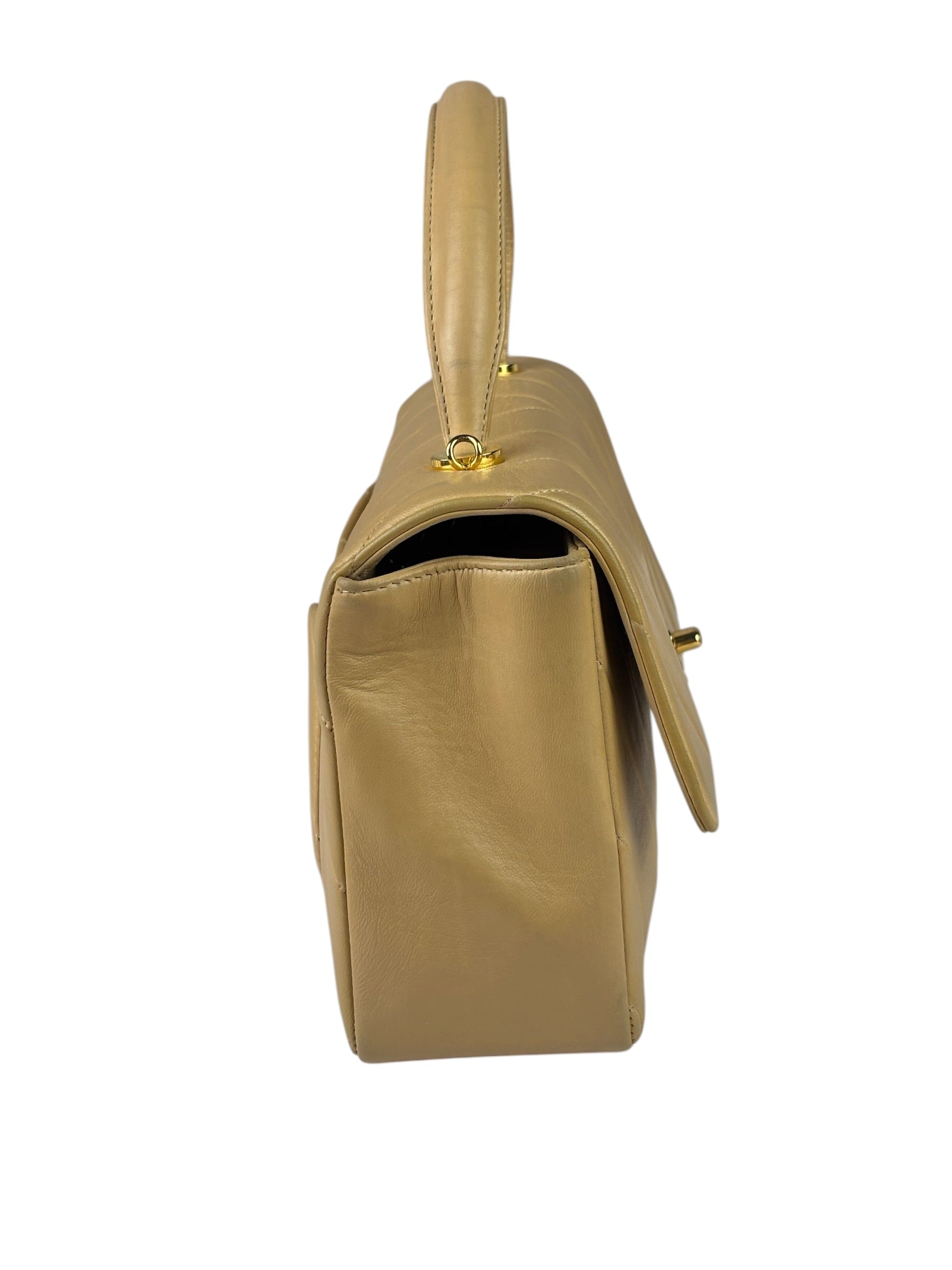 Chanel Vintage Beige Lambskin Chevron Coco Handle Flap Two-Way Bag 1991