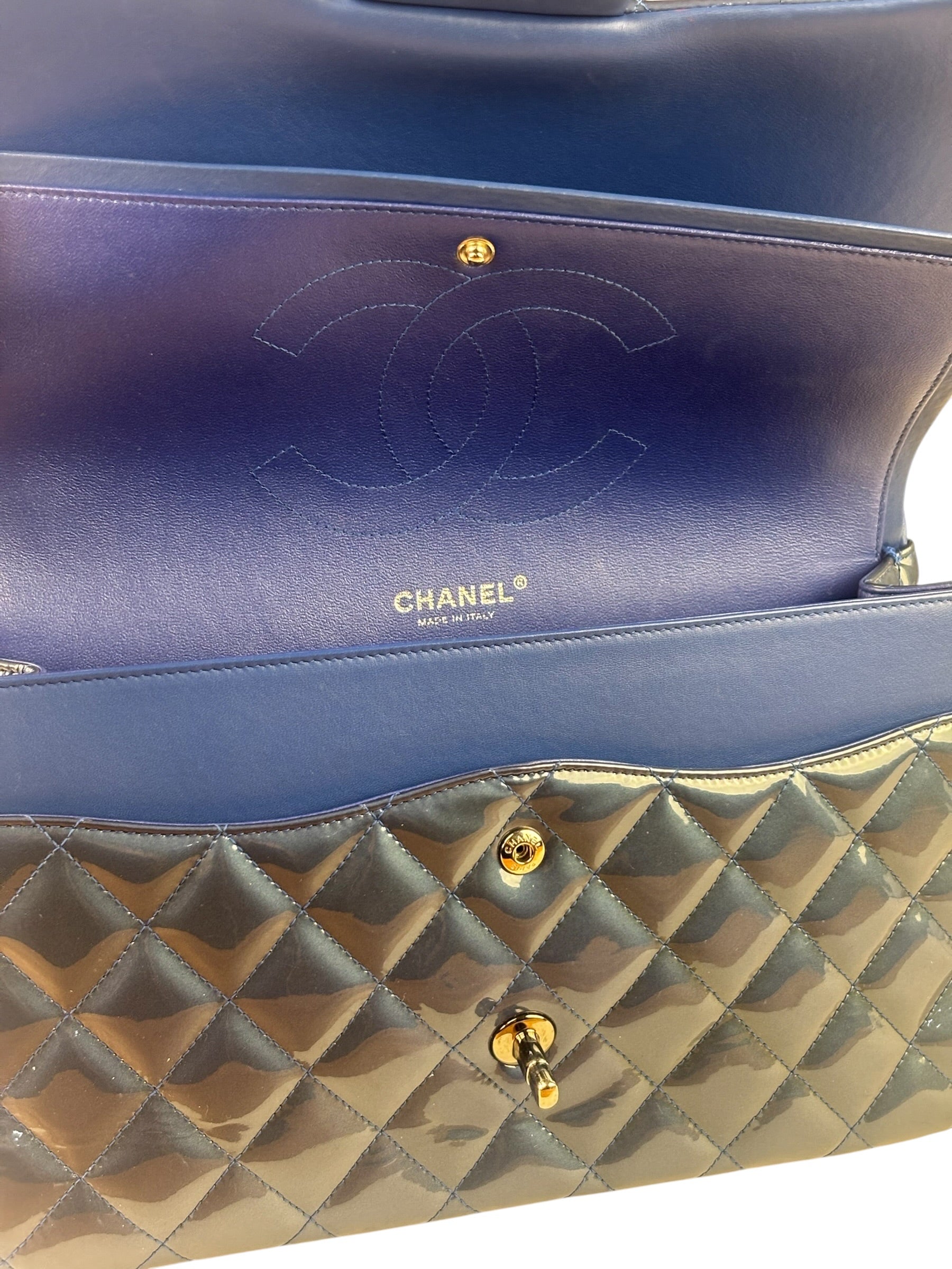 Chanel Perl Glossy Blue Quilted Patent Leather Double Flap Bag 2012