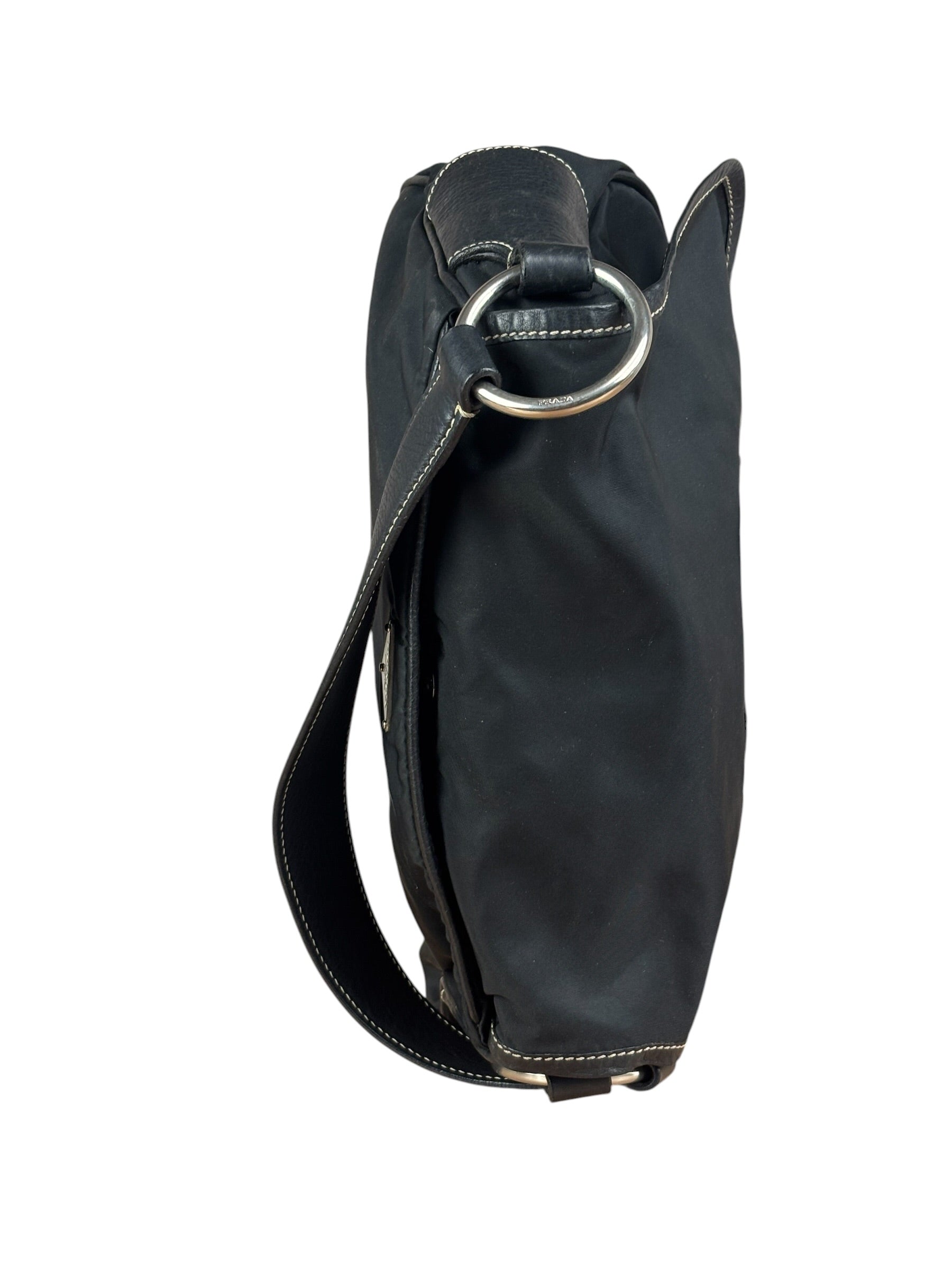 Damaged Prada Vintage Black Tessuto Nylon Leather Trim Saddle Flap Shoulder Bag