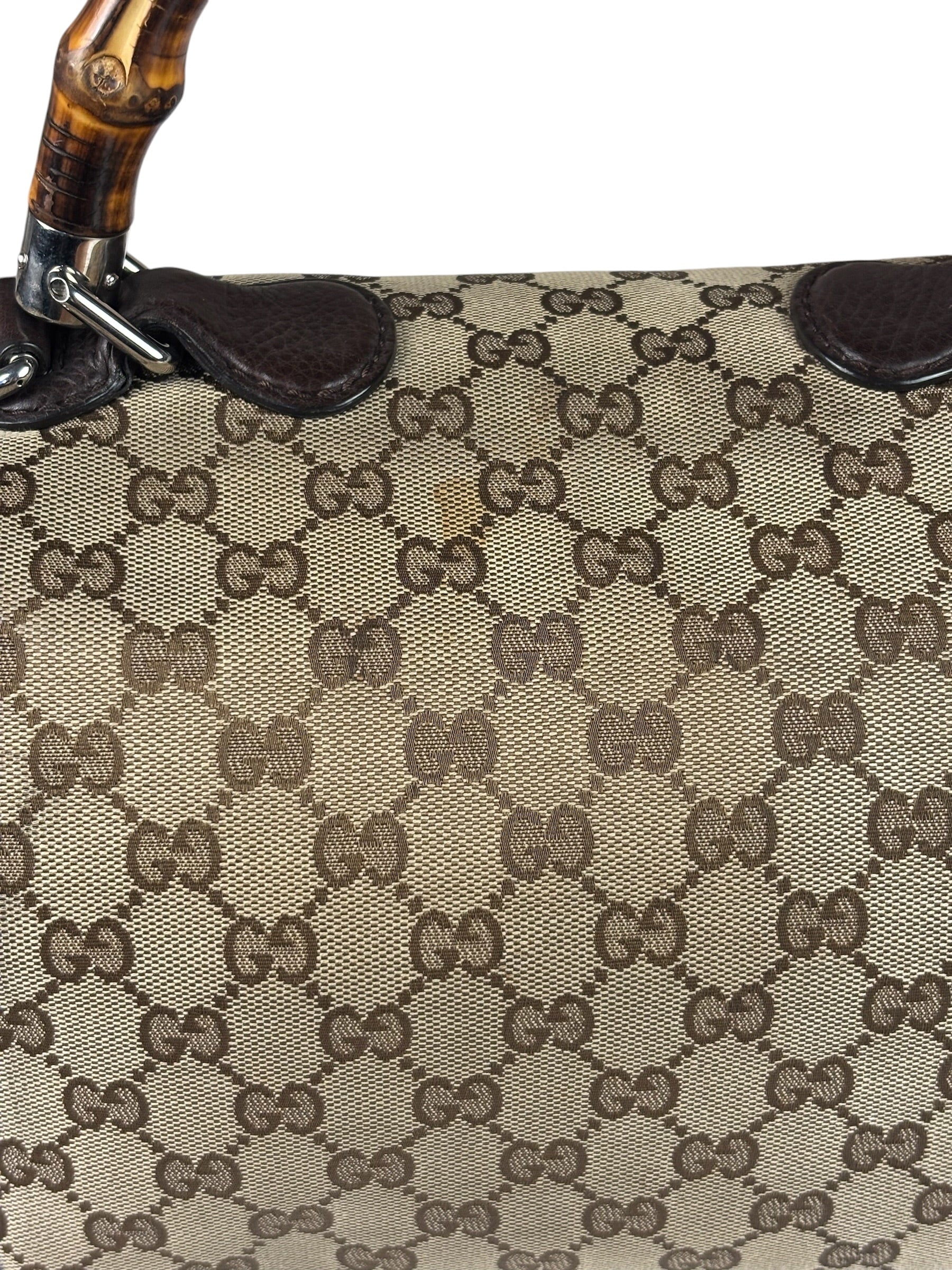 Gucci Brown Leather Trim GG Bamboo Handle Two-Way Bag