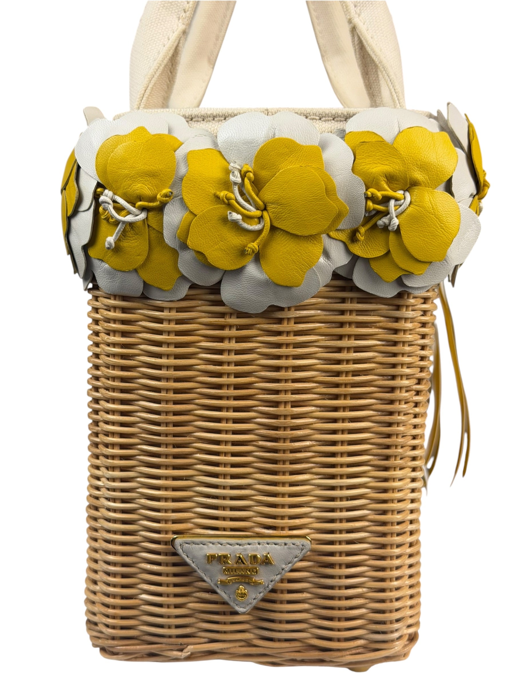 Prada Midollino Leather Trim Wicker Canvas Flower Basket