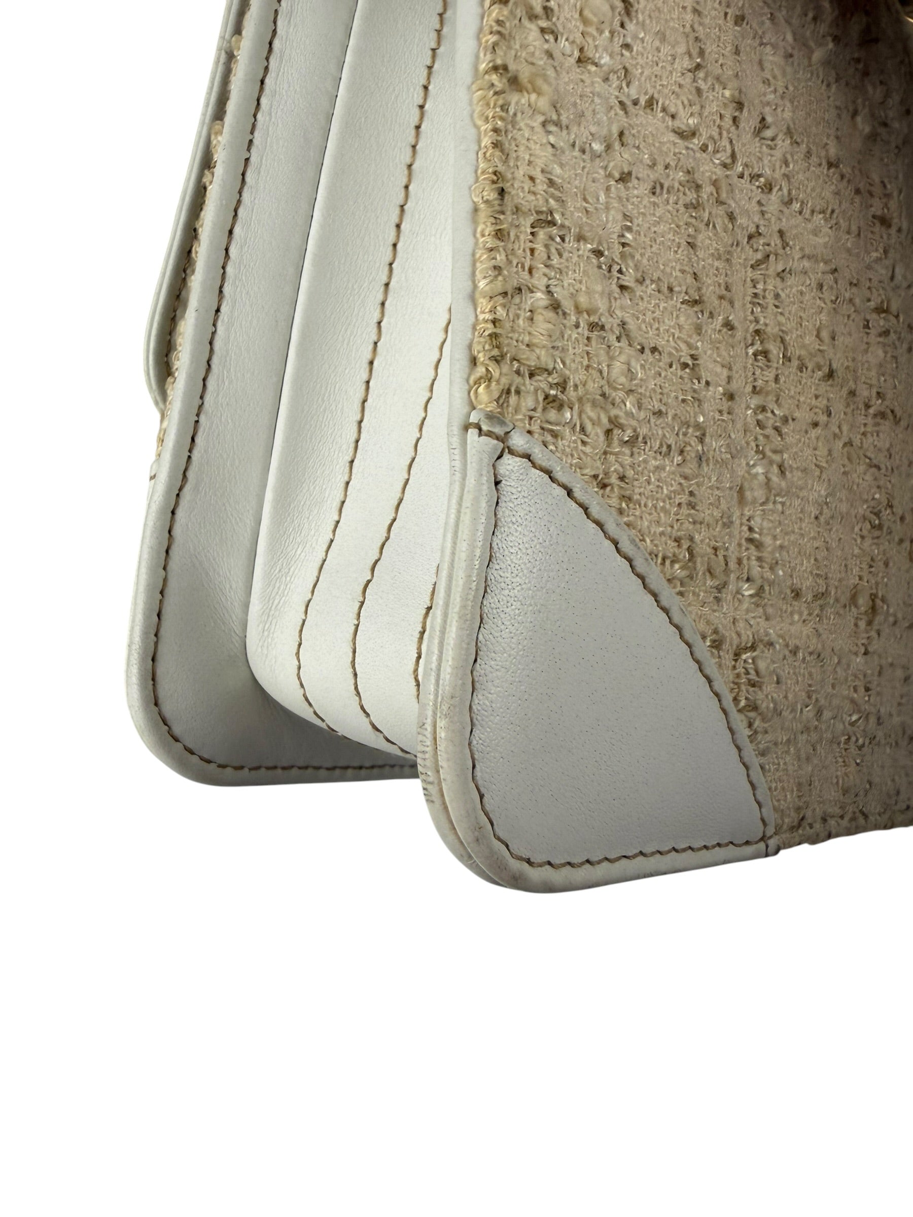 Chanel White Leather Trim Tweed Shoulder Bag 2001